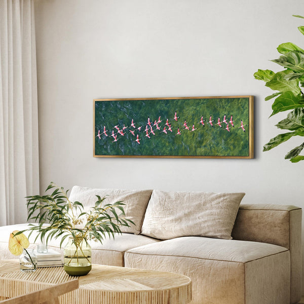 Flamingos Flying Over Emerald Ocean Art Print Canvas Art - View 4
