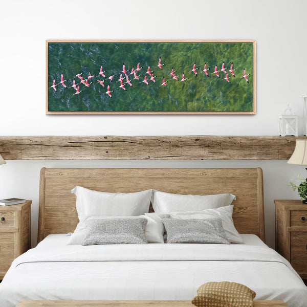 Flamingos Flying Over Emerald Ocean Art Print Canvas Art - View 6