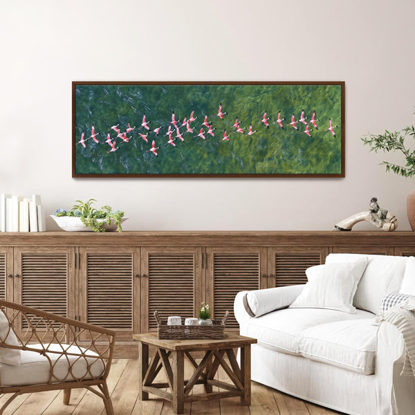 Flamingos Flying Over Emerald Ocean Art Print Canvas Art - View 5