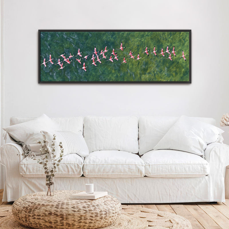 Flamingos Flying Over Emerald Ocean Art Print Canvas Art - View 3