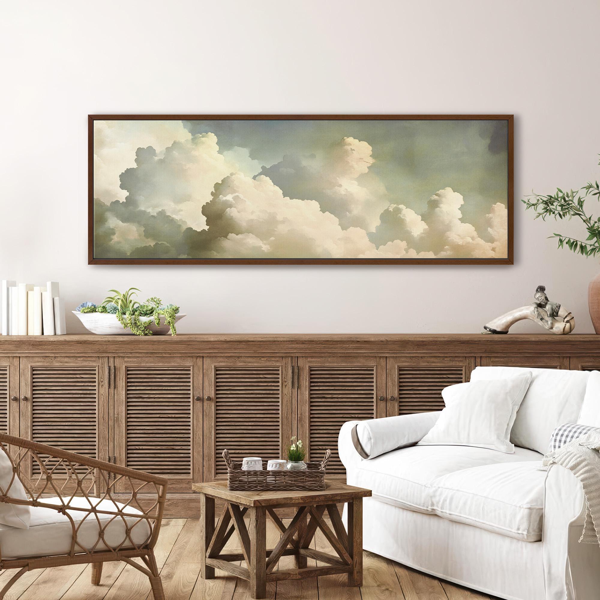 Ethereal cloud-like formations displayed in a sleek black frame against a charcoal accent wall, creating a stunning high-contrast look.