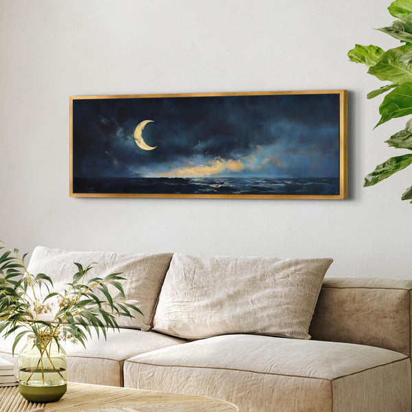 Crescent Moon At Night Painting - Moody Canvas Art - View 6