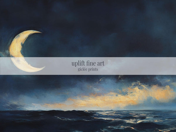 Crescent Moon At Night Painting - Moody Canvas Art - View 2