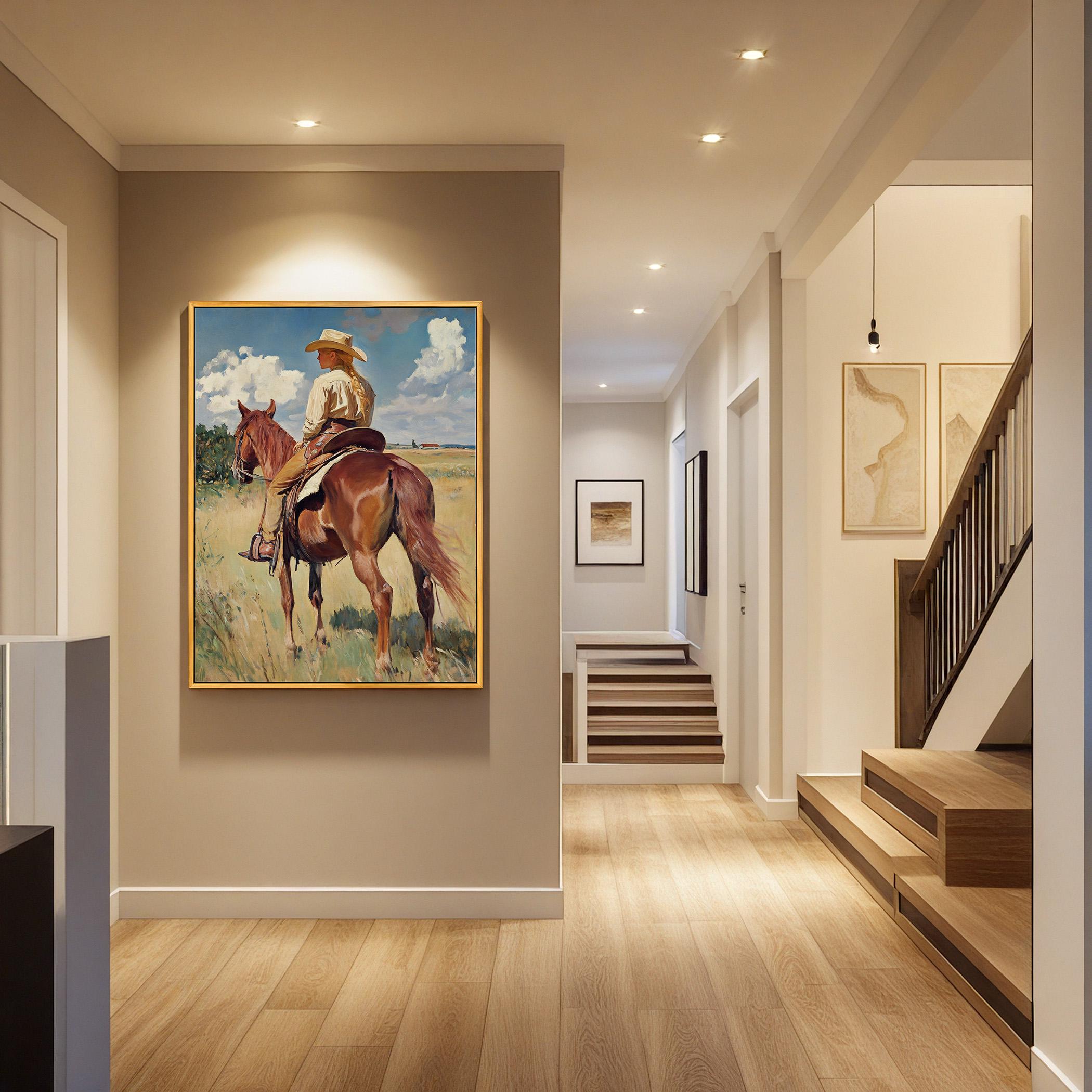 Cowgirl On Horse Painting - Rustic Canvas Art