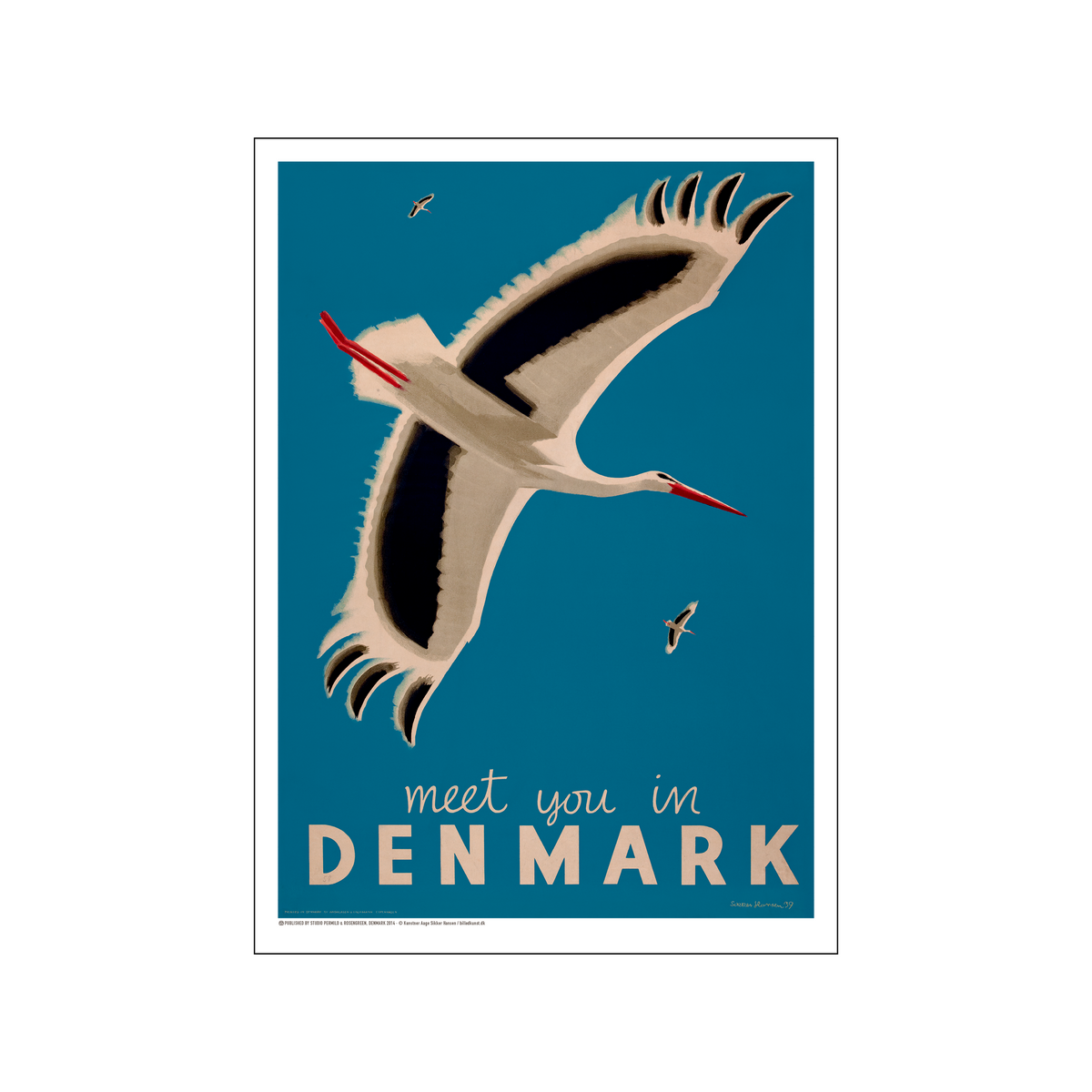 Vintage Danish poster with two flying storks on a teal background and the title Meet You in Denmark