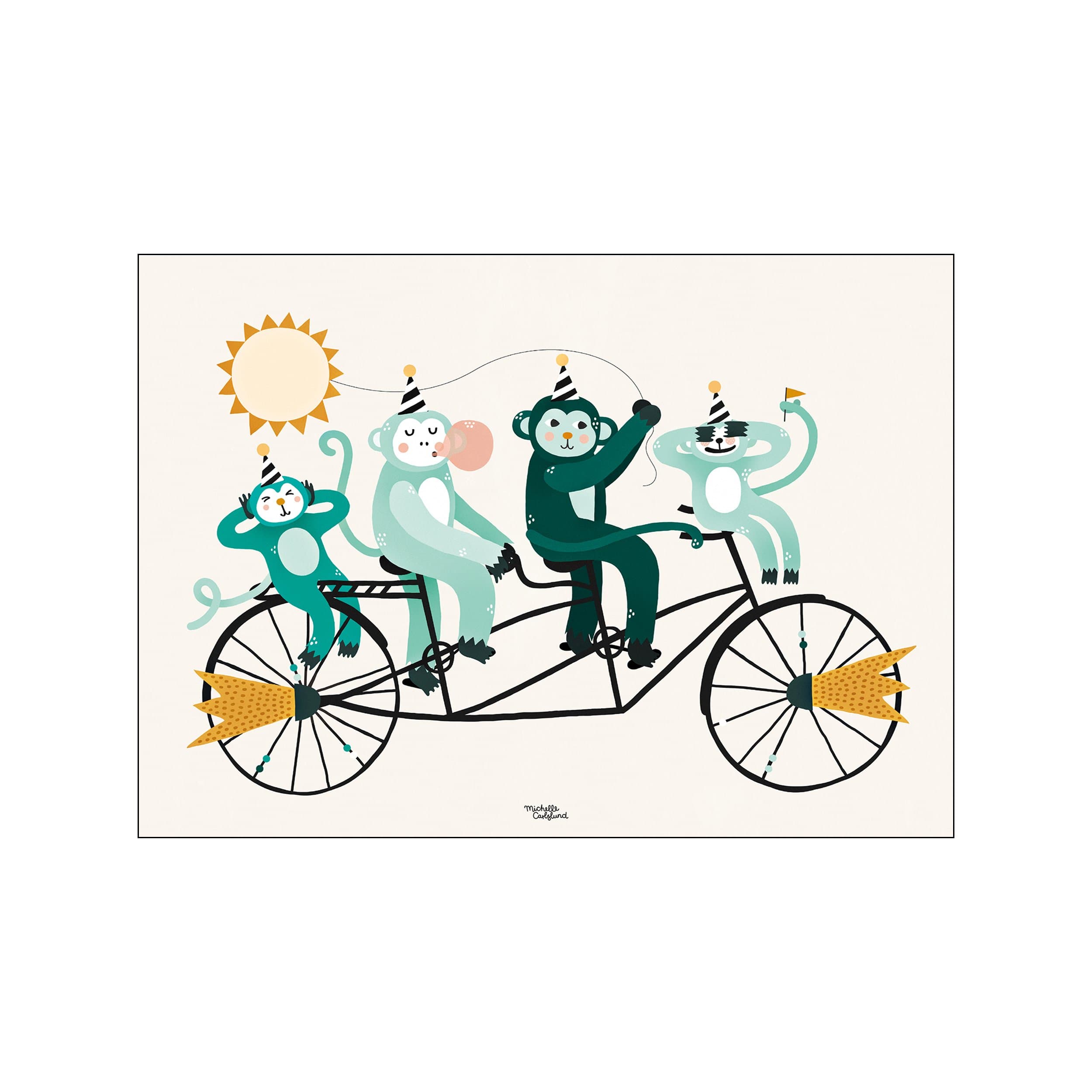 Four stylized monkeys wearing party hats ride a tandem bicycle under a beaming sun. The artwork uses a soft palette of teals, greens, and cream with a playful, whimsical vibe.