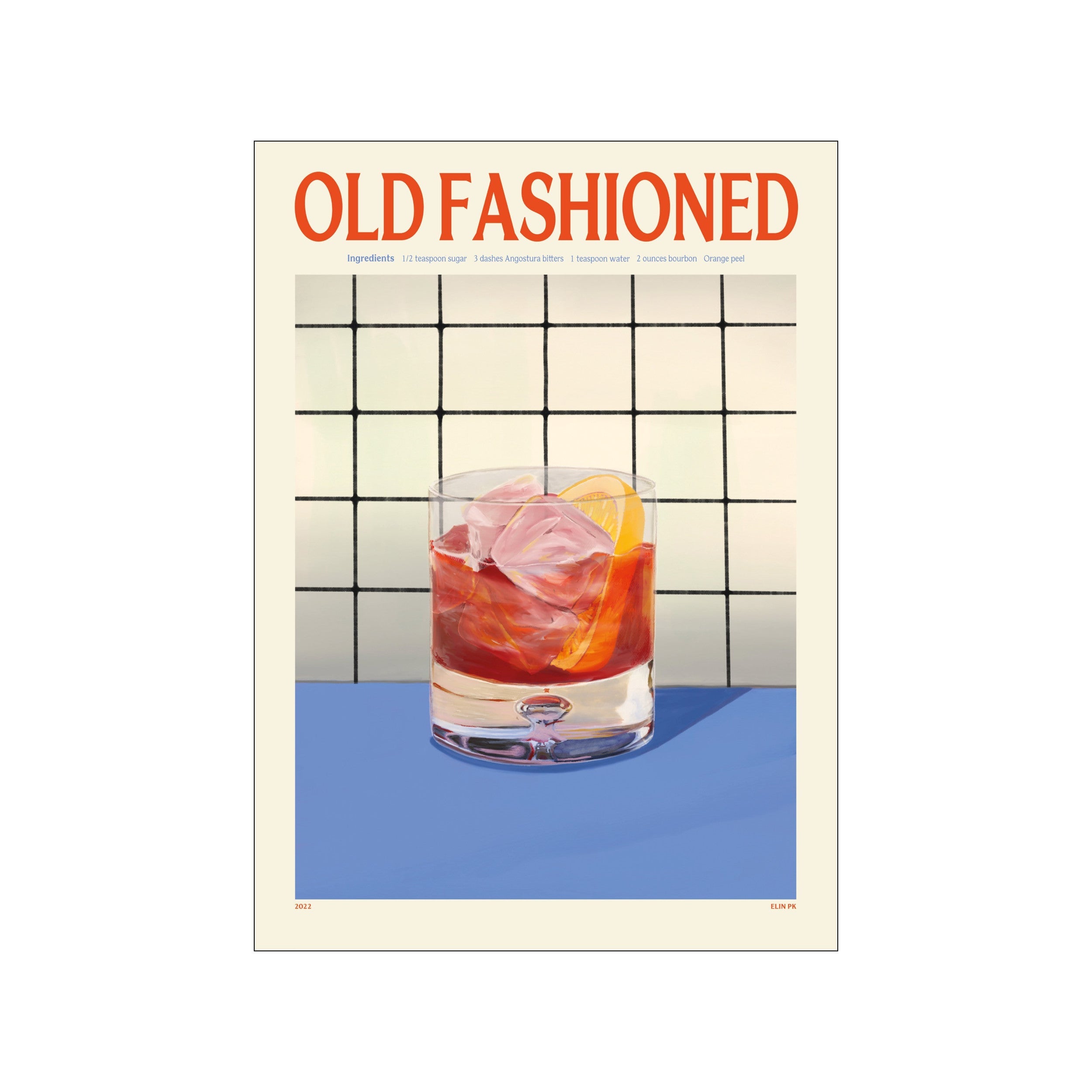 Poster of an old fashioned cocktail in a low glass with red, blue, and cream tones