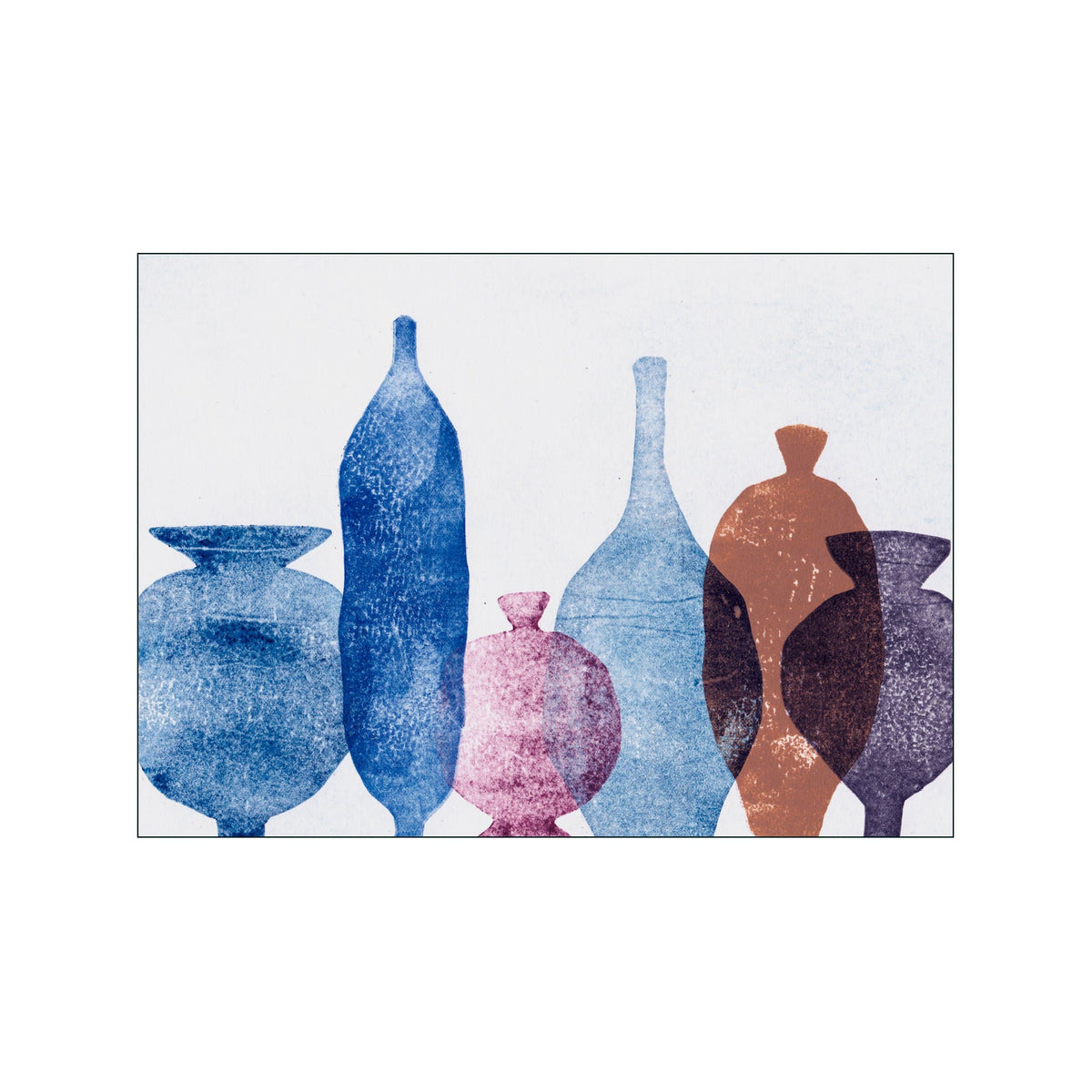 Abstract print of overlapping blue, pink, terracotta, and violet vessel shapes on white