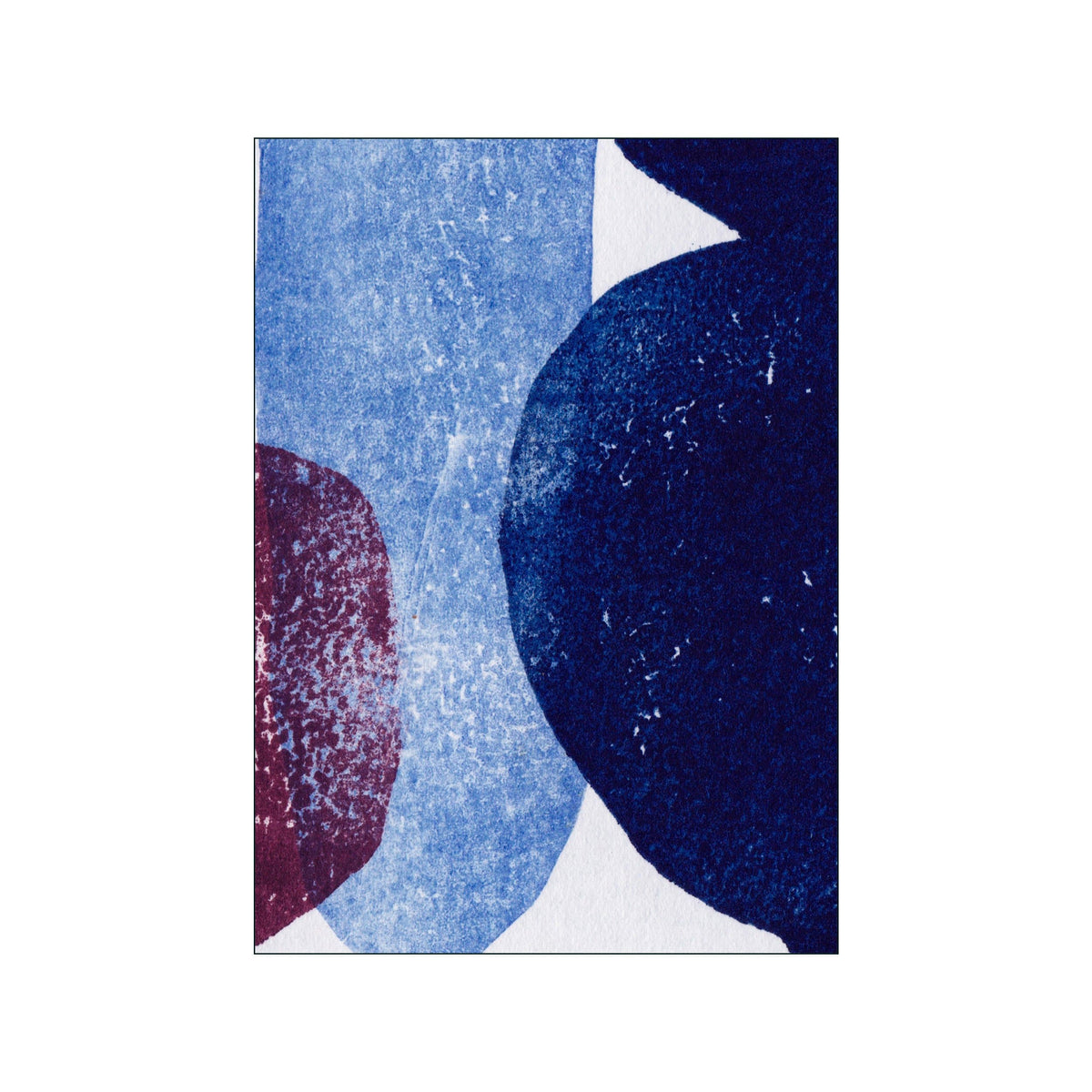Abstract botanical collage with layered blue and burgundy forms on a white ground