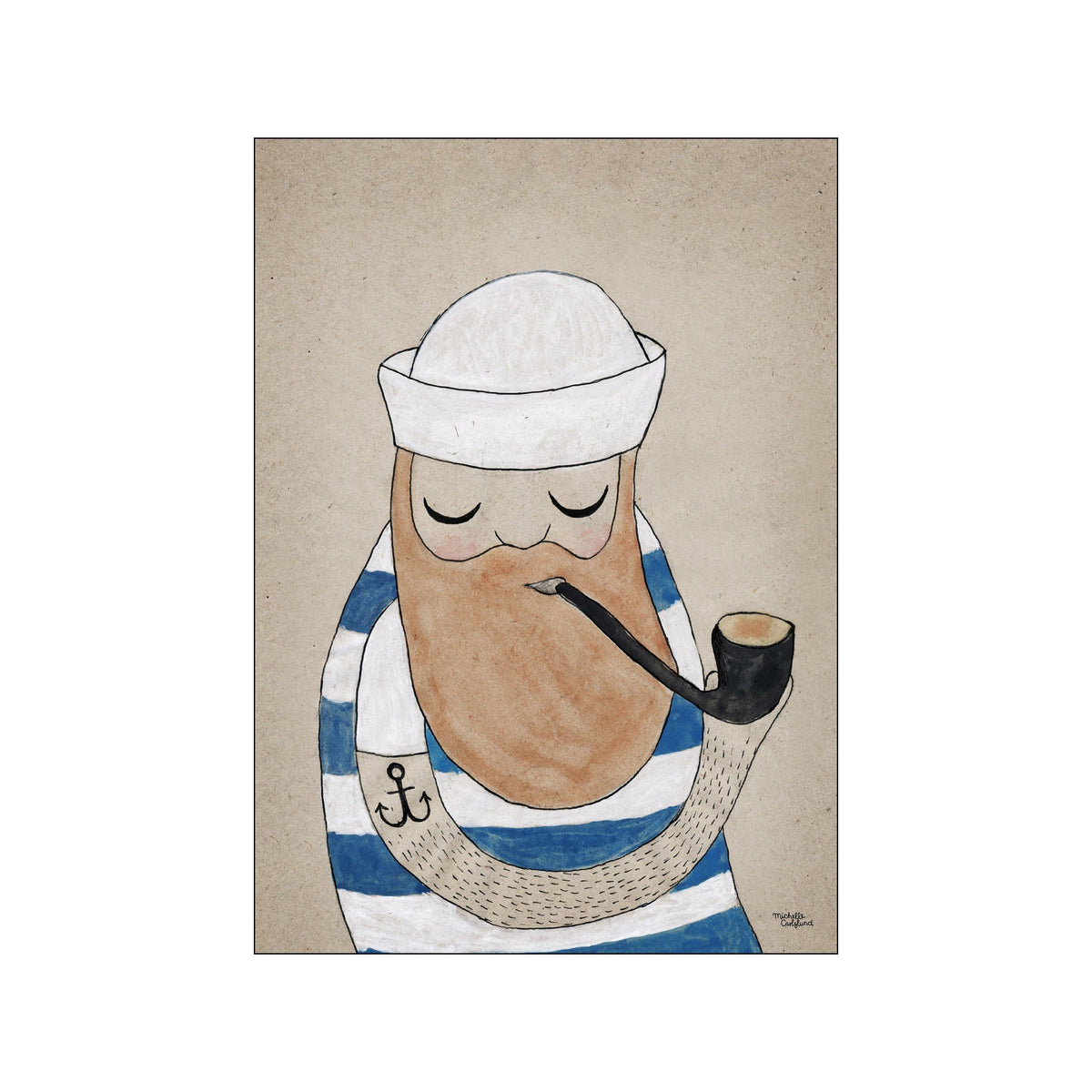 A charming illustration of a sailor with a large beard, wearing a white sailor hat and a blue and white striped shirt, holding a pipe. The artwork has a warm, vintage feel with an anchor.