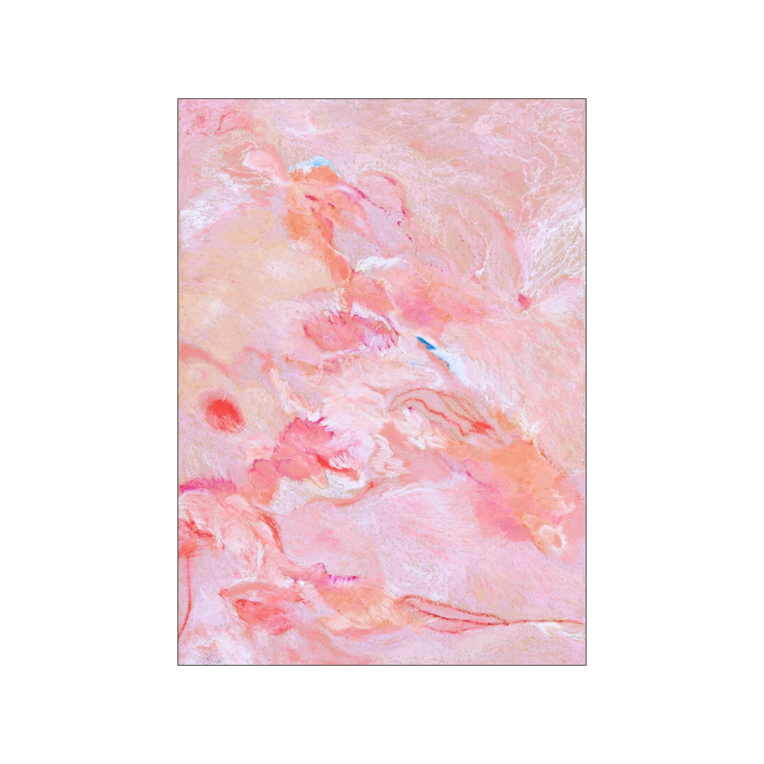 An abstract composition featuring swirling textures and organic forms in delicate shades of pink, coral, and pearlescent white, with subtle accents of cerulean, creating a dreamy and serene atmosphere.