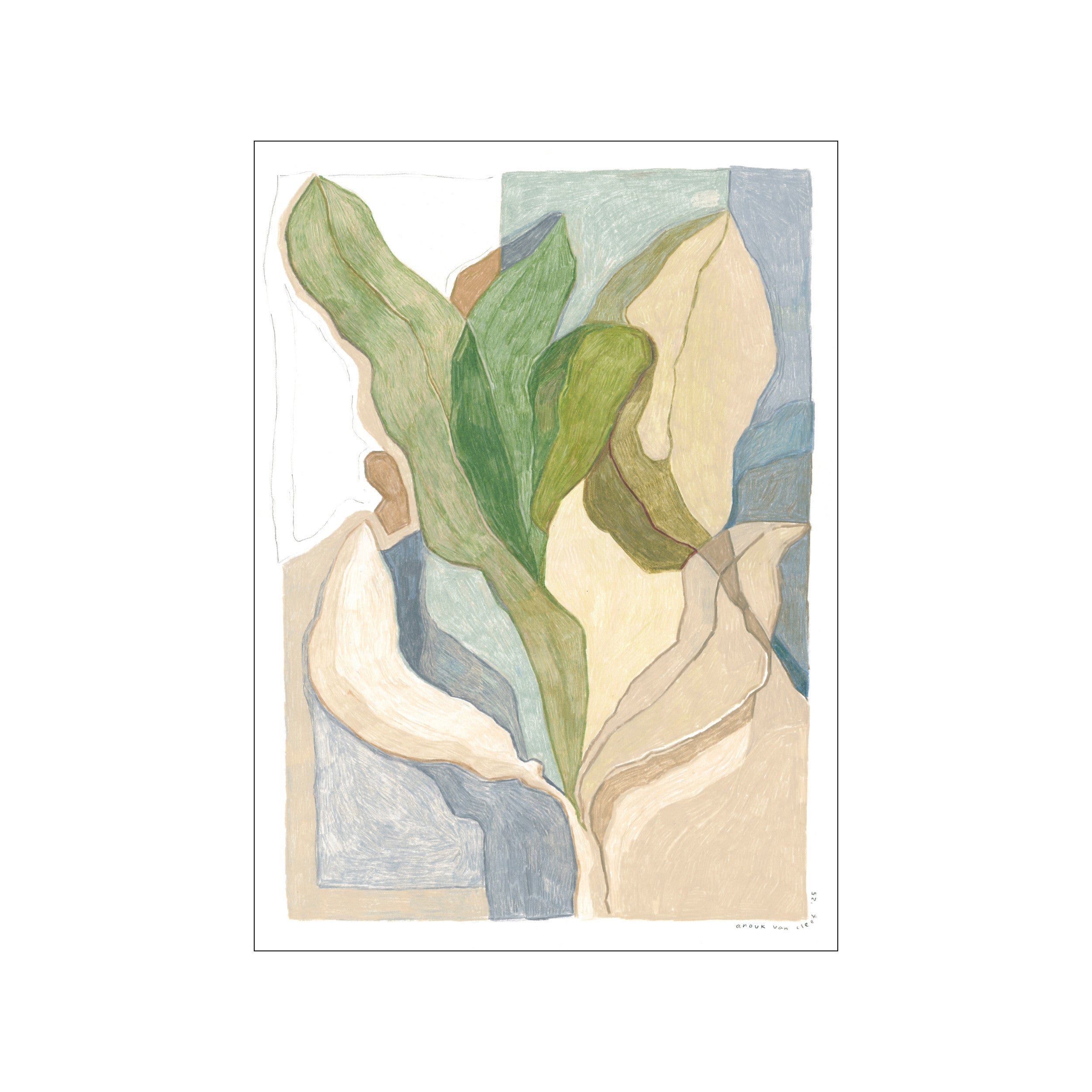Abstract artwork featuring flowing shapes and organic lines in shades of green, beige, and blue, reminiscent of seaweed or plant forms, creating a calming and natural aesthetic.