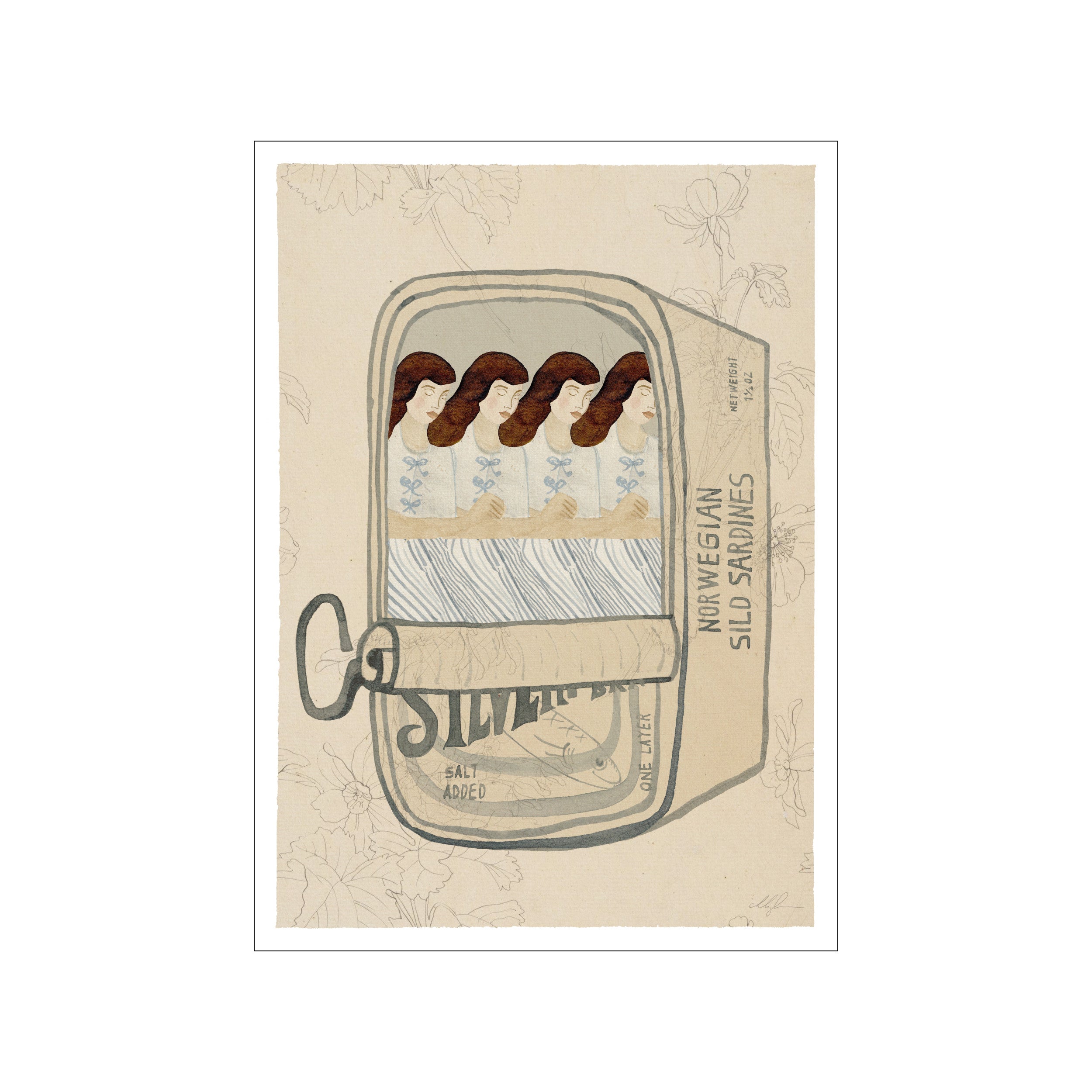 A whimsical artwork titled 'Nap Time' by Chloe Purpero Johnson, depicting four sleeping figures inside an open sardine can with a subtle floral background in beige and grey tones.
