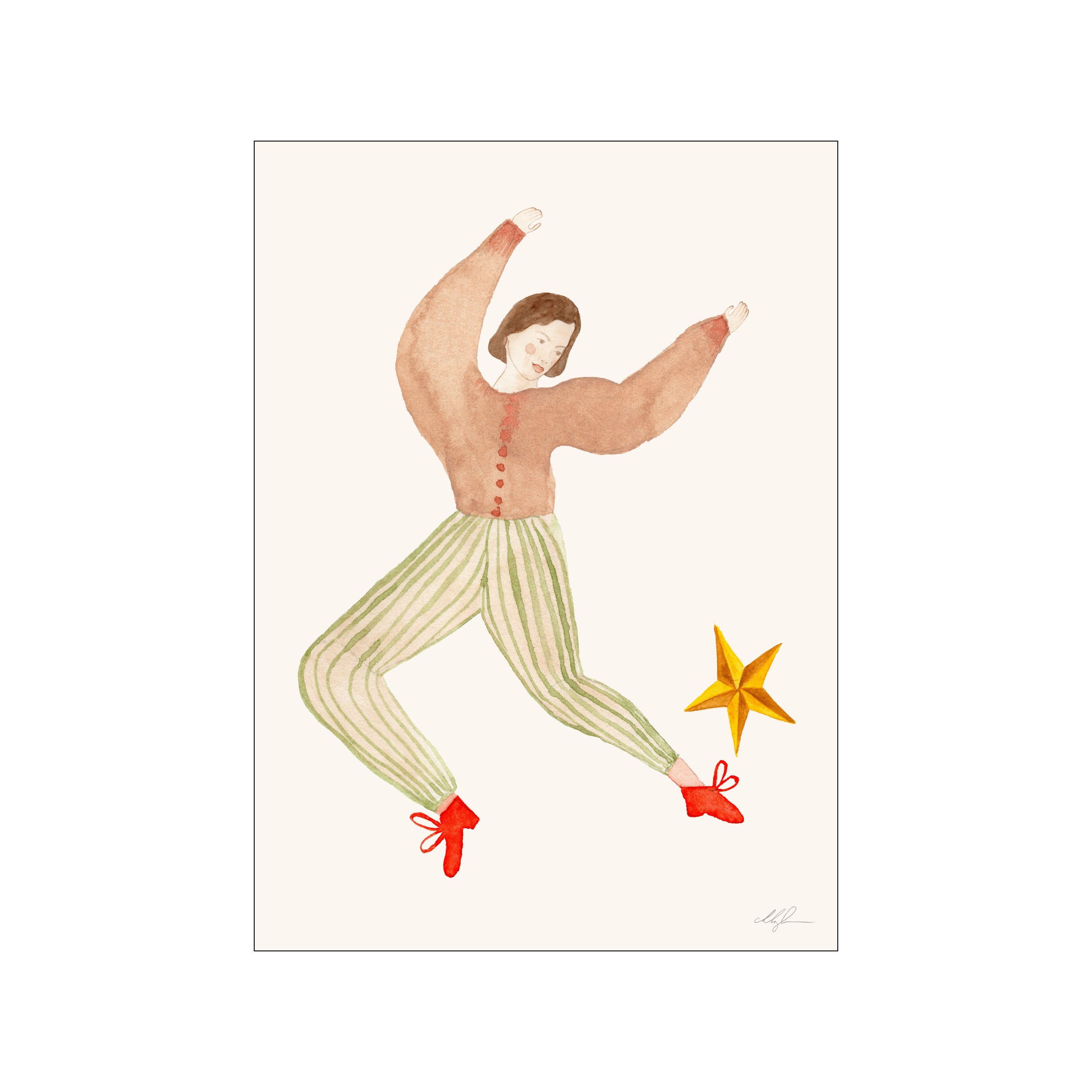 A stylized watercolor illustration of a person in motion, wearing a rust-colored sweater and striped sage green pants, with red shoes, reaching towards a golden star. The style is whimsical and evokes a sense of.