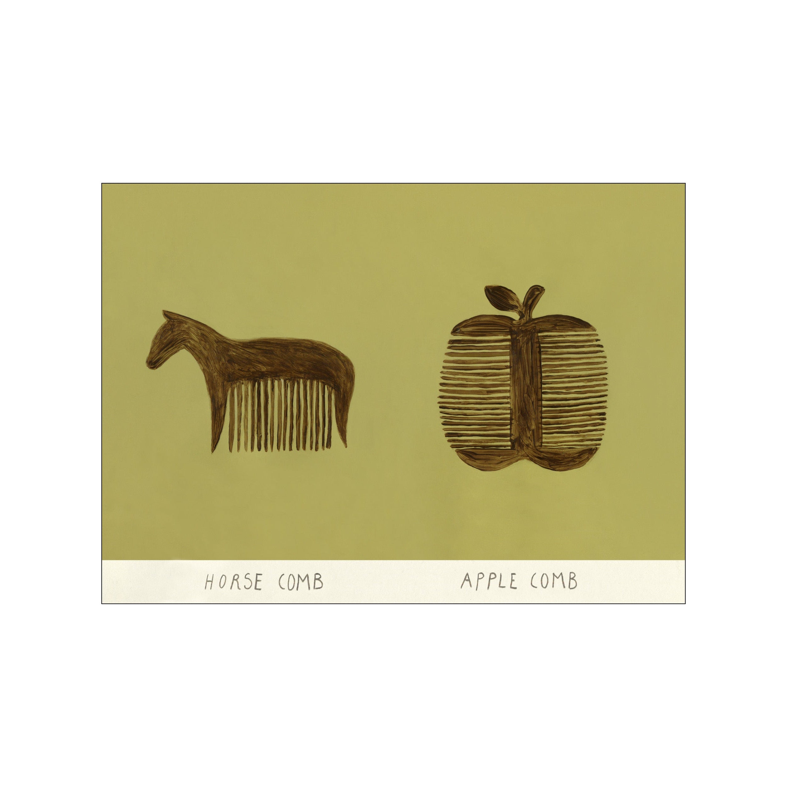 Minimalist illustration by Isabelle Vandeplassche showing a brown horse-shaped comb and an apple-shaped comb on a muted olive background.
