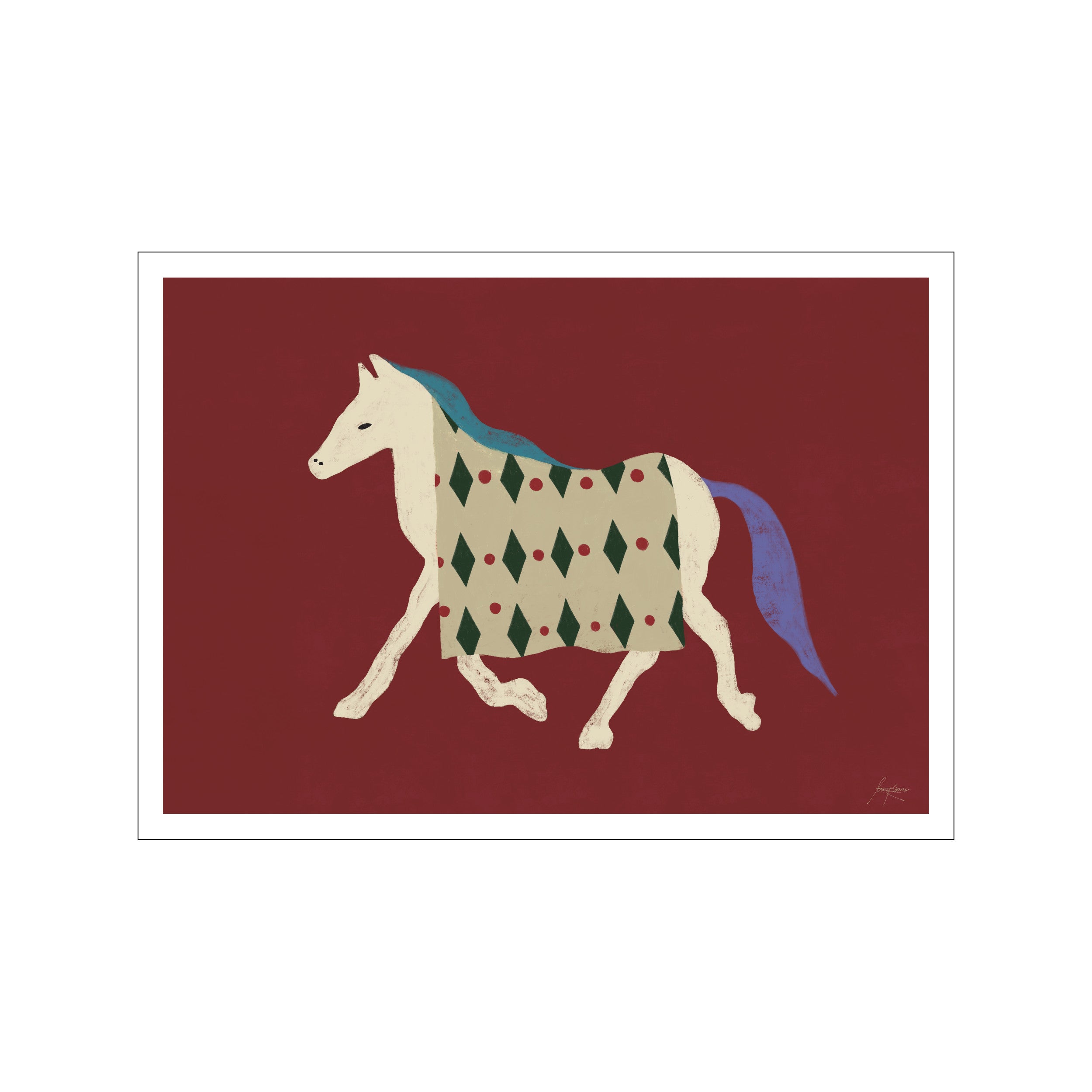 A stylized painting of a white horse wearing a cream-colored cape with a diamond pattern in green and red, set against a rich bordò background. The horse has a blue mane and tail, and appears.