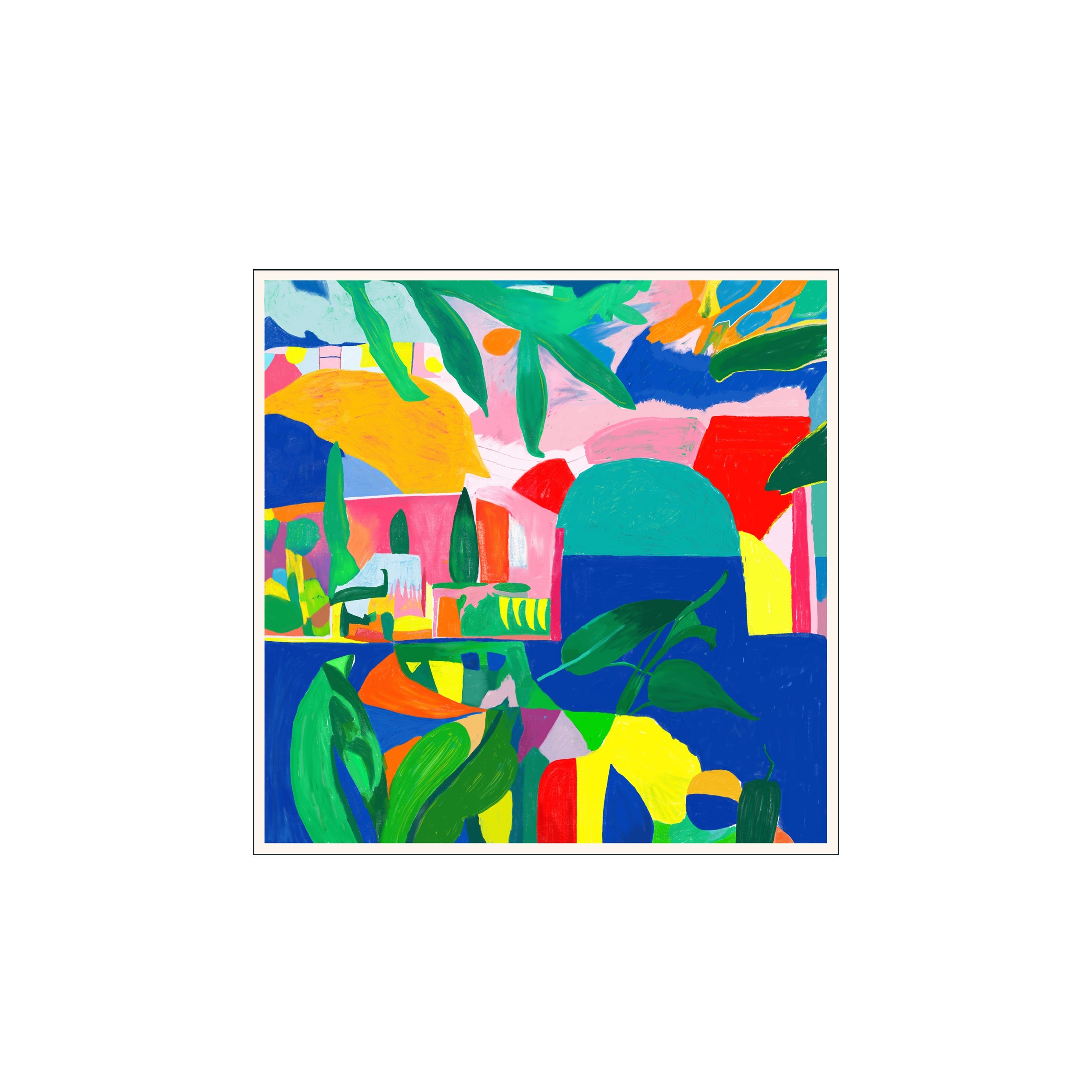 Abstract landscape artwork with bold blocks of vibrant colors like deep blue, emerald green, bright yellow, and pink, featuring stylized foliage and architectural shapes.