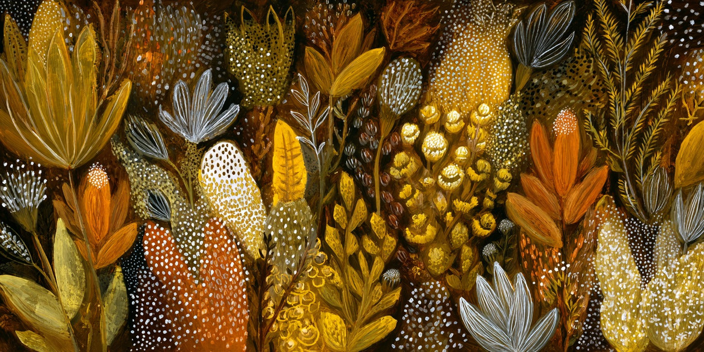 Dense ochre leaves and dotted seed clusters layered across a dark brown ground
