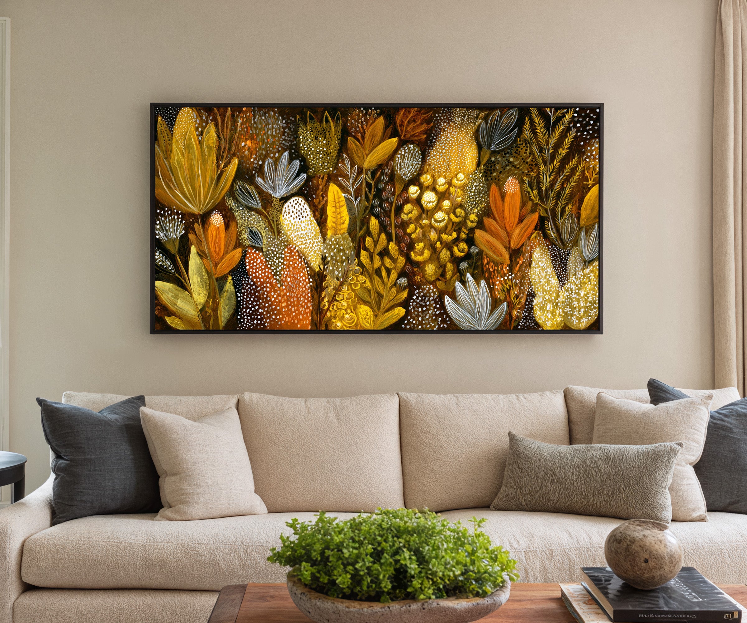 dense ochre and terracotta botanical abstract canvas wall art in a black frame in a styled room setting
