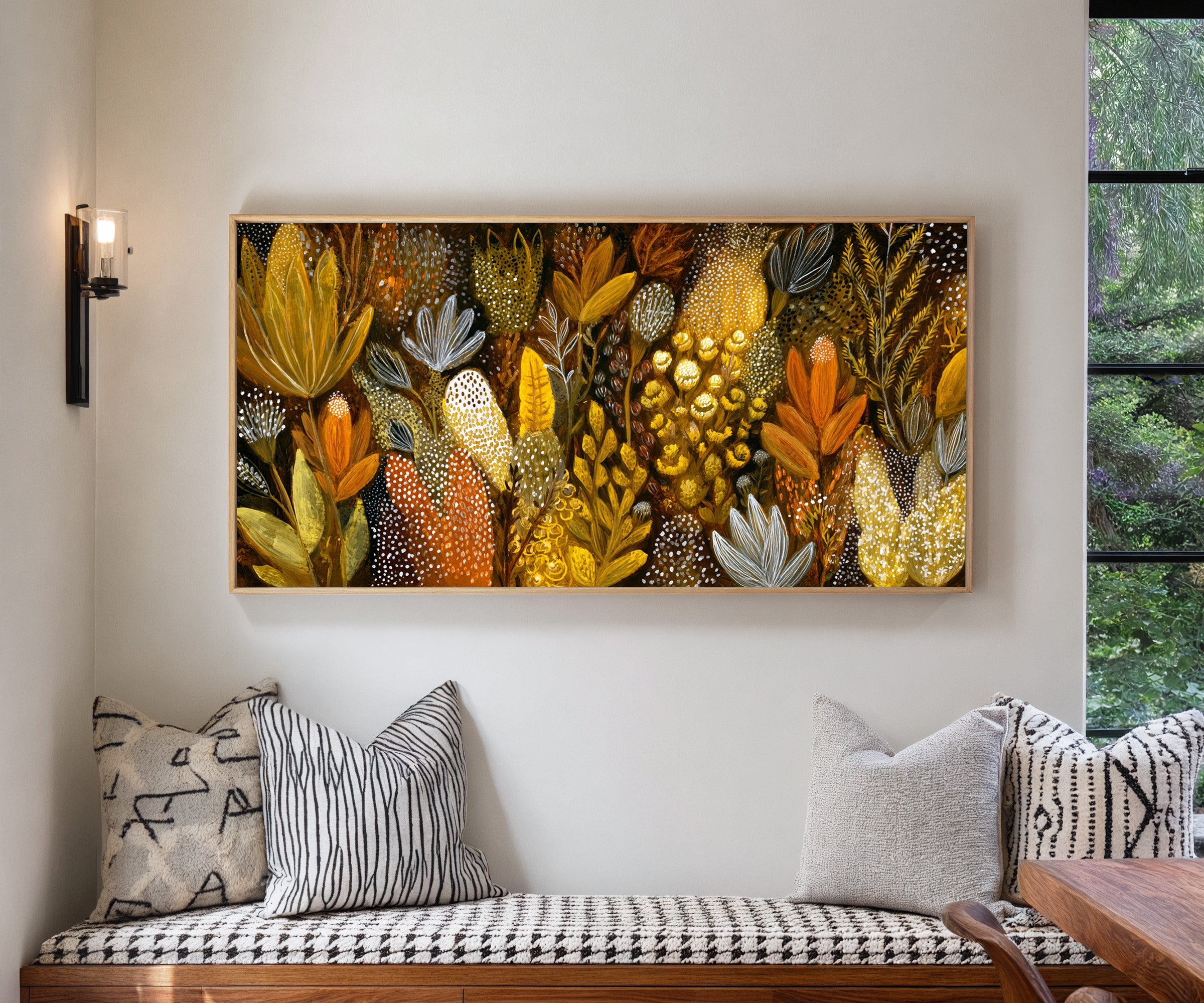 dense ochre and terracotta botanical abstract canvas wall art in a natural wood frame in a living room