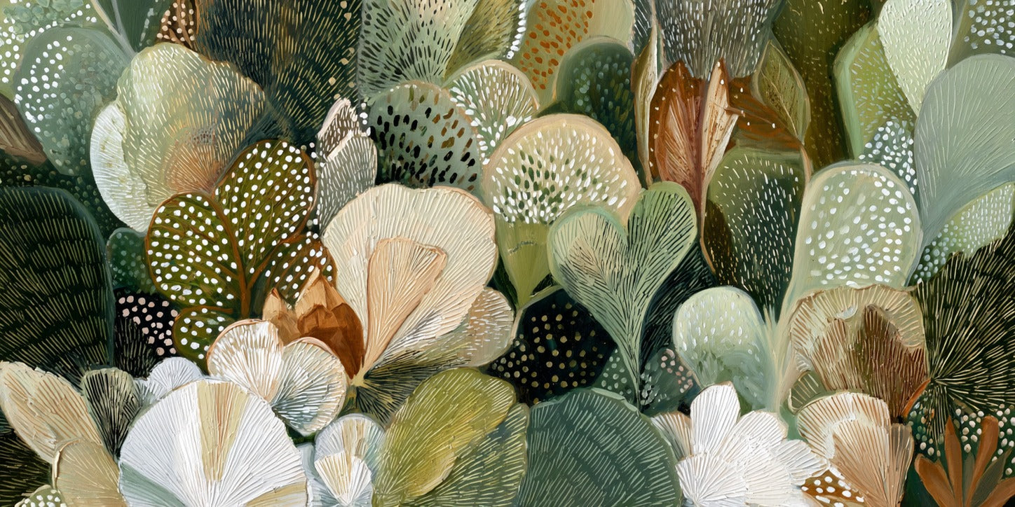 Layered leaf forms in green, cream, olive, and tan with dotted marks across a dense field