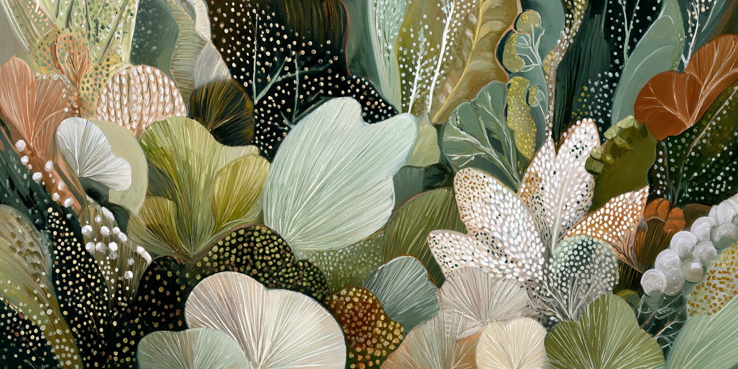 Dense layered leaves in olive, sage, cream, black, and rust with dotted marks and narrow dark seams