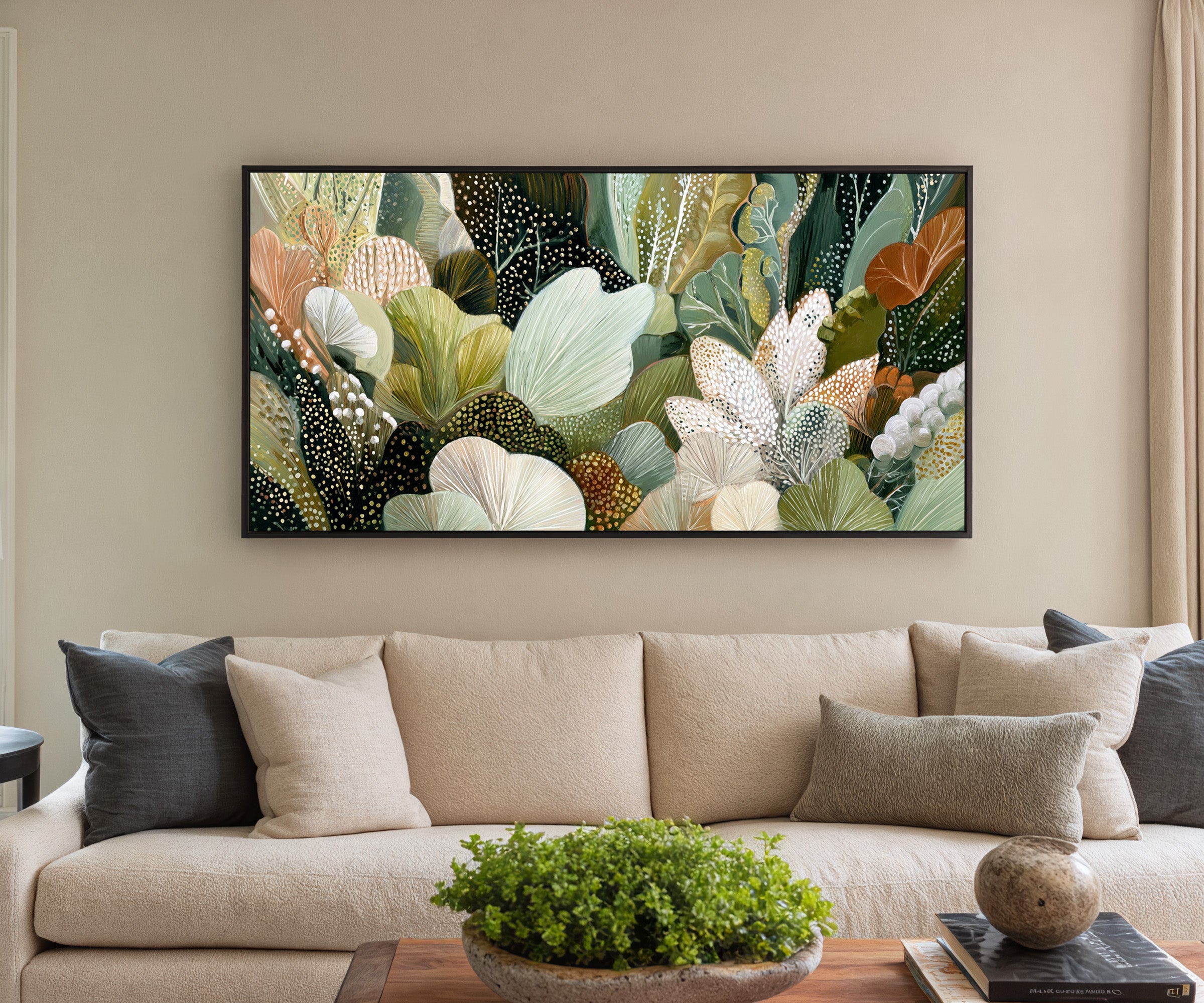 dense forest inspired botanical abstract in canvas wall art in a black frame in a styled room setting