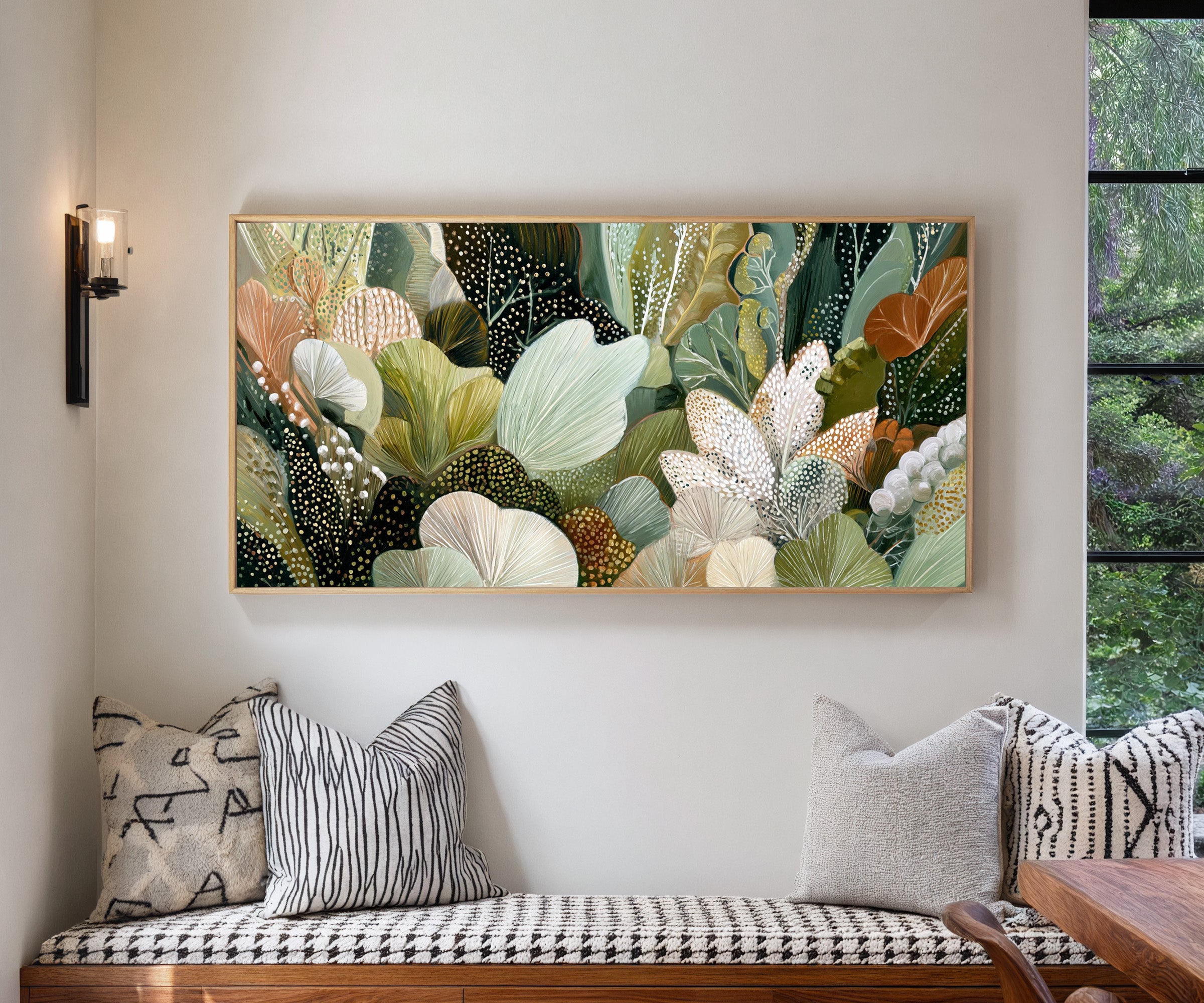 dense forest inspired botanical abstract in canvas wall art in a natural wood frame in a living room