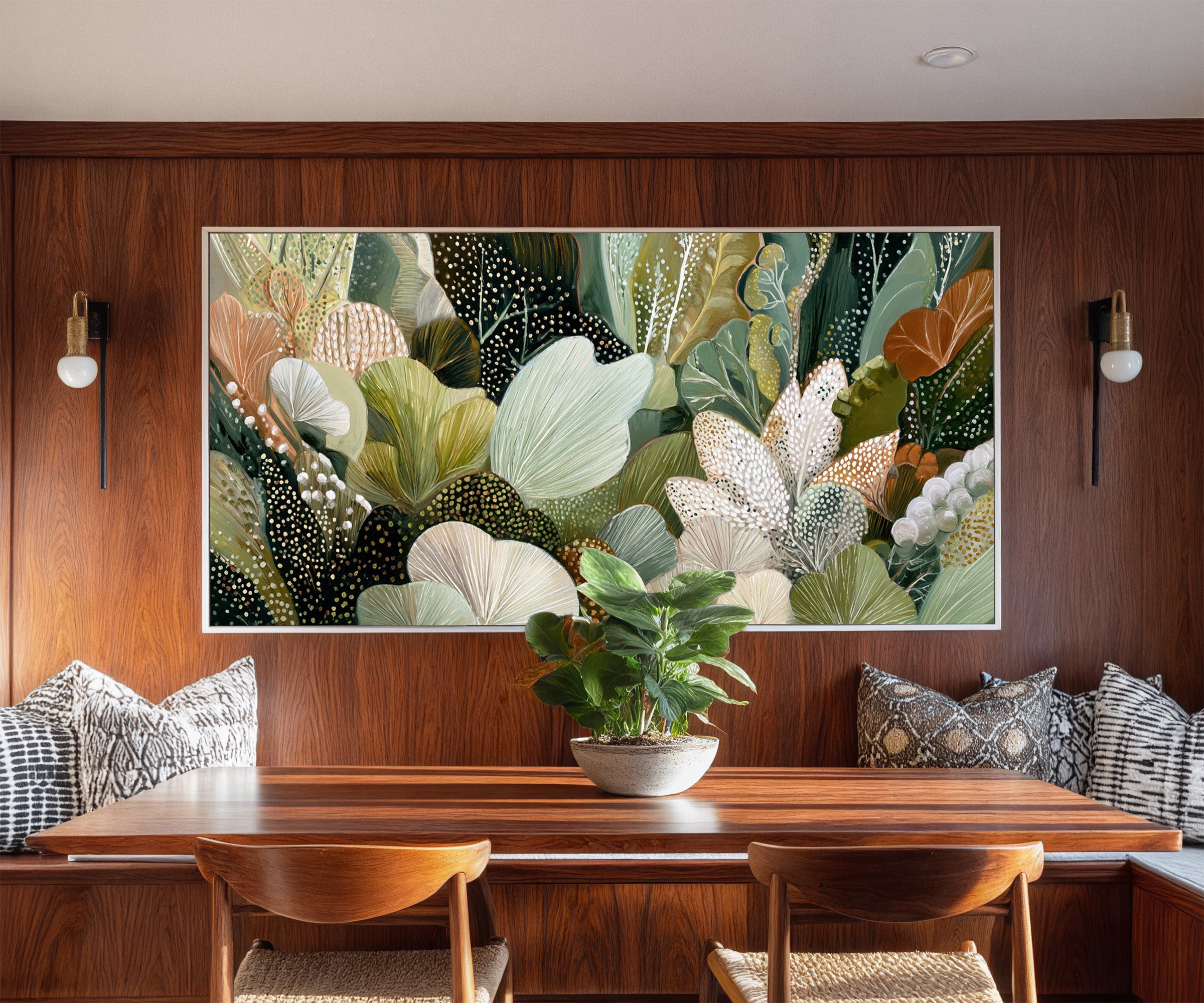 dense forest inspired botanical abstract in canvas wall art in a white frame in a styled room setting