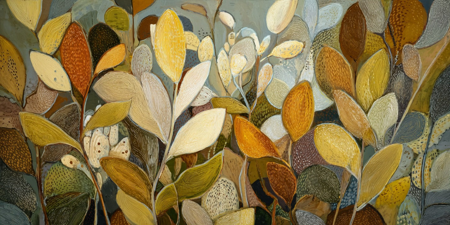 Overlapping leaf forms in gold, cream, olive, and rust with thin stems and dotted marks