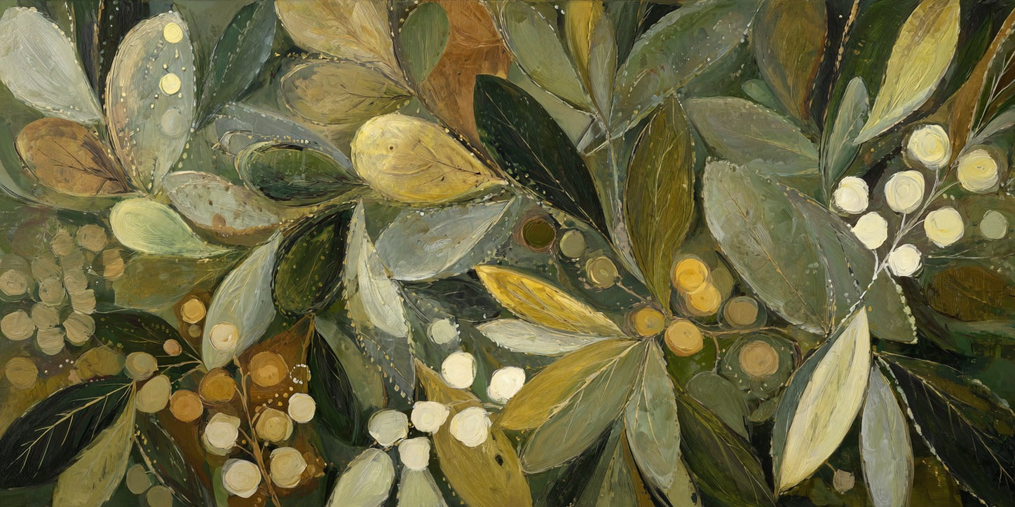 Layered olive leaves and pale berries in muted green, cream, and gold across a wide horizontal field