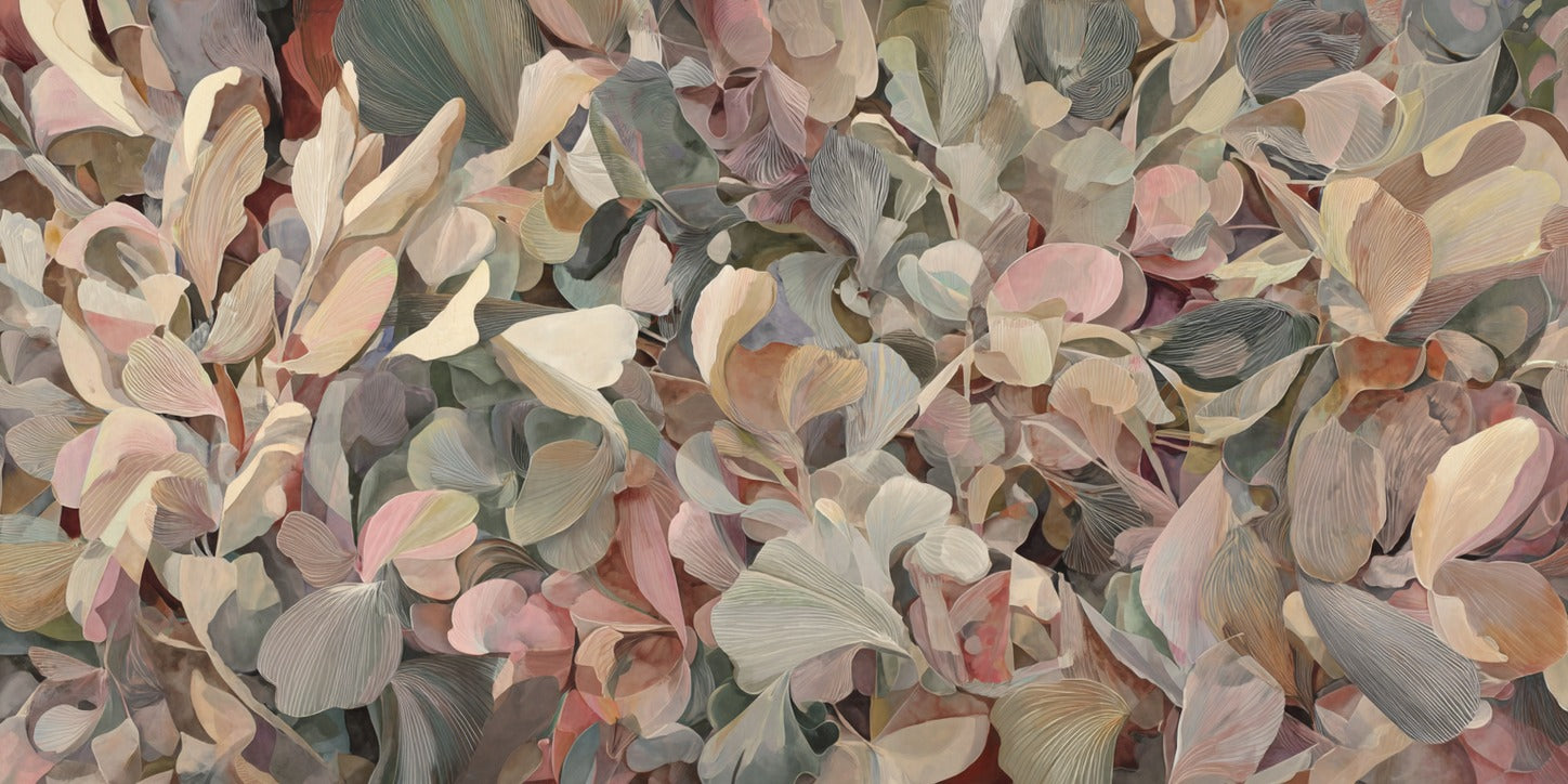 Overlapping rounded petals in blush, cream, sage, and taupe fill the canvas edge to edge