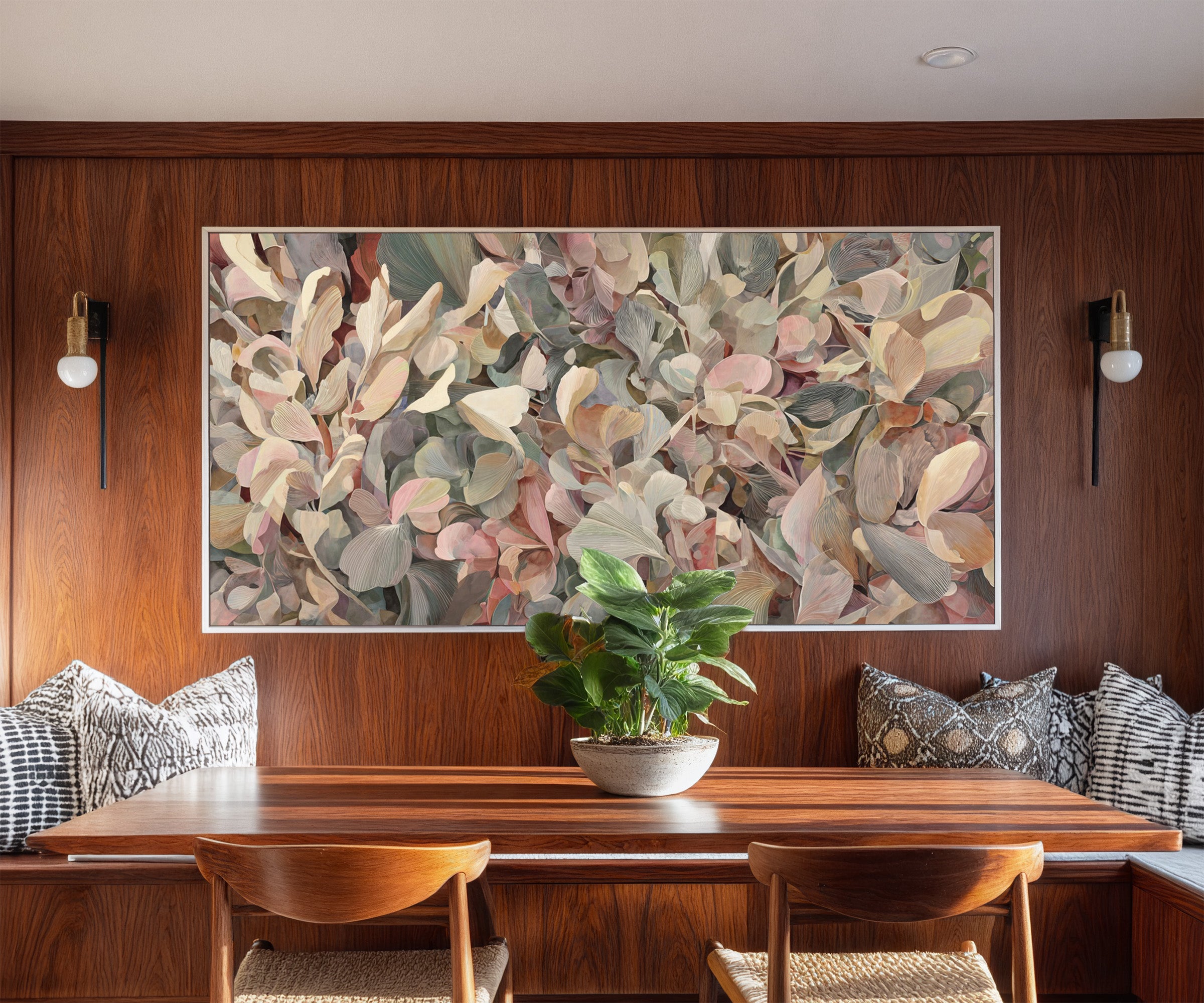 dense rounded petals in blush, cream, sage, and canvas wall art in a white frame in a styled room setting