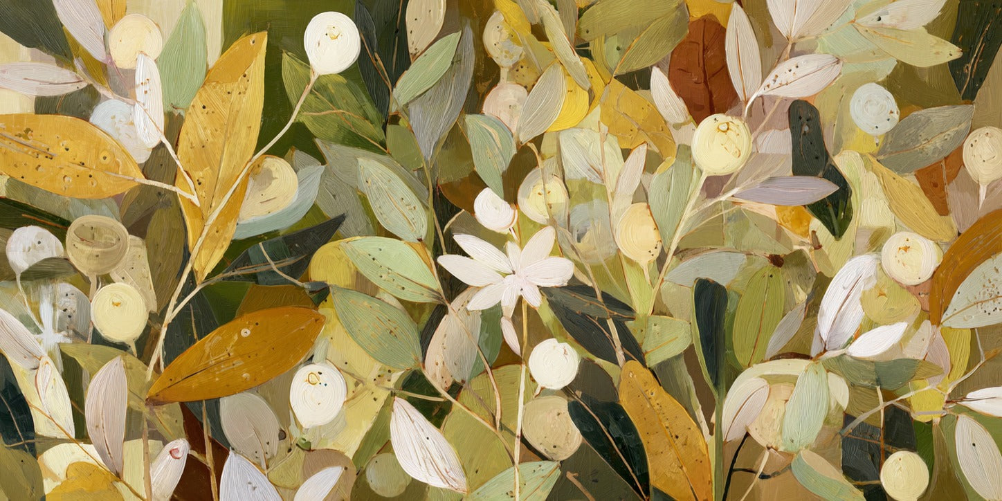 Dense olive leaves, pale berries, and white blossoms layered across a warm gold ground