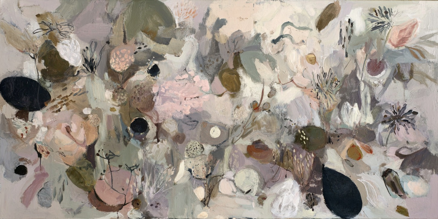 Loose leaflike shapes in moss green, taupe, blush, cream, and black spread across a pale ground