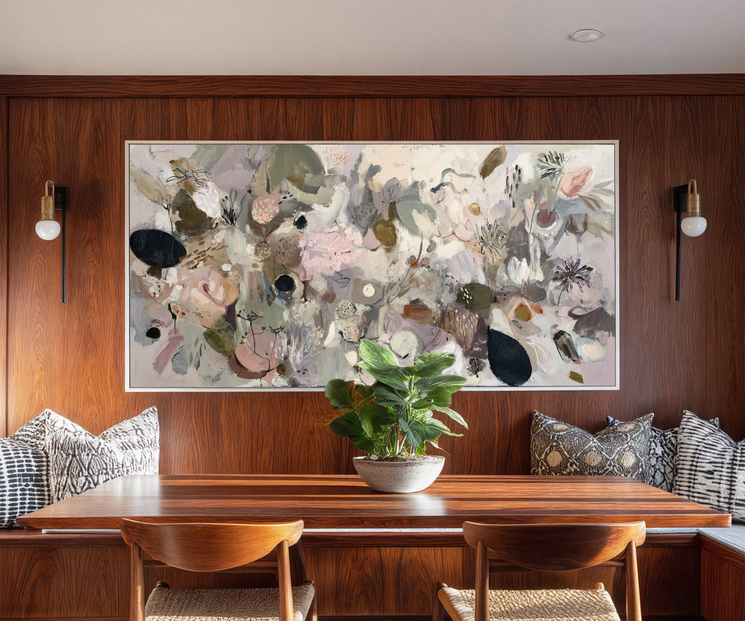 neutral abstract with moss green, taupe, beige, canvas wall art in a white frame in a styled room setting