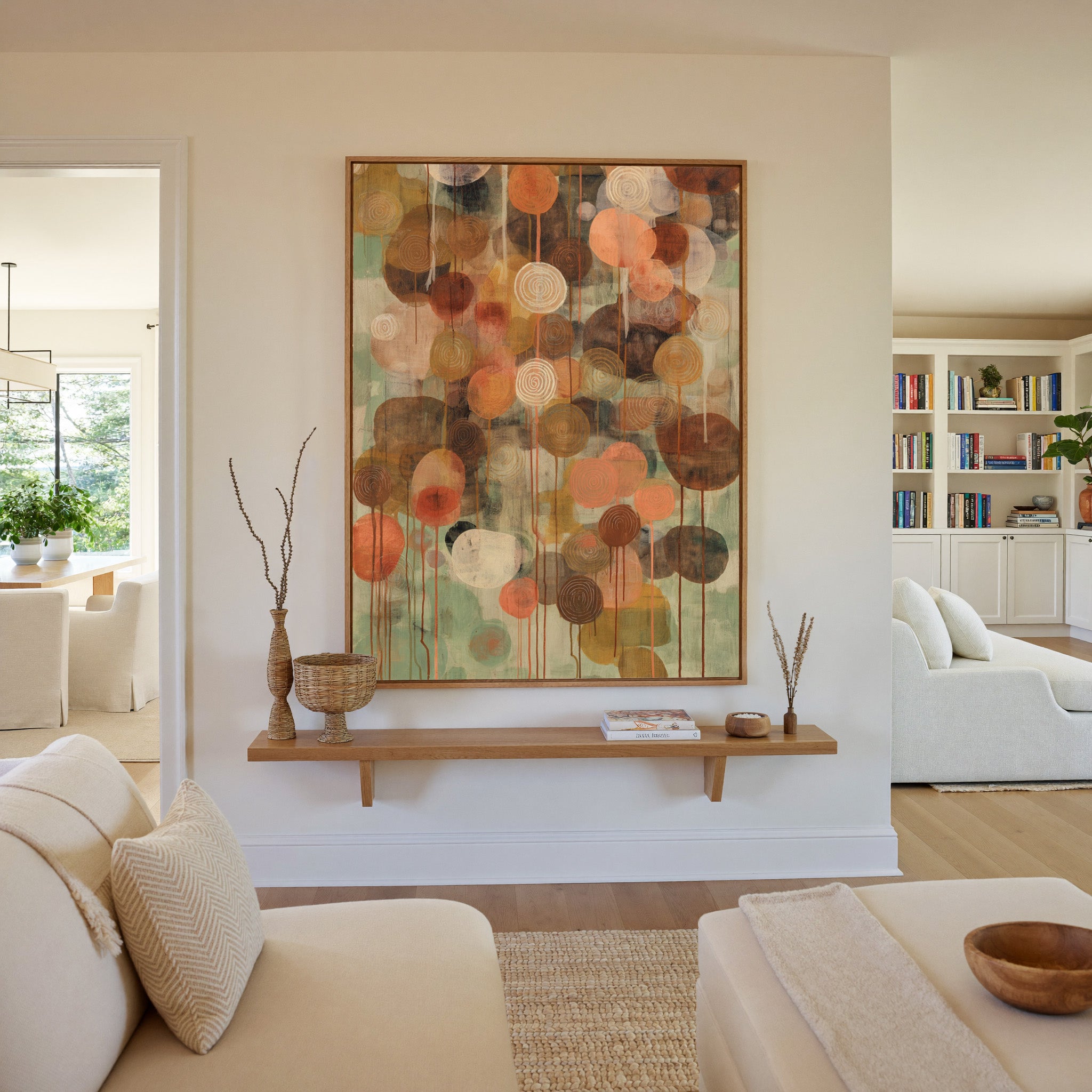 soft green and warm earth abstract with canvas wall art in an oak frame in a living room