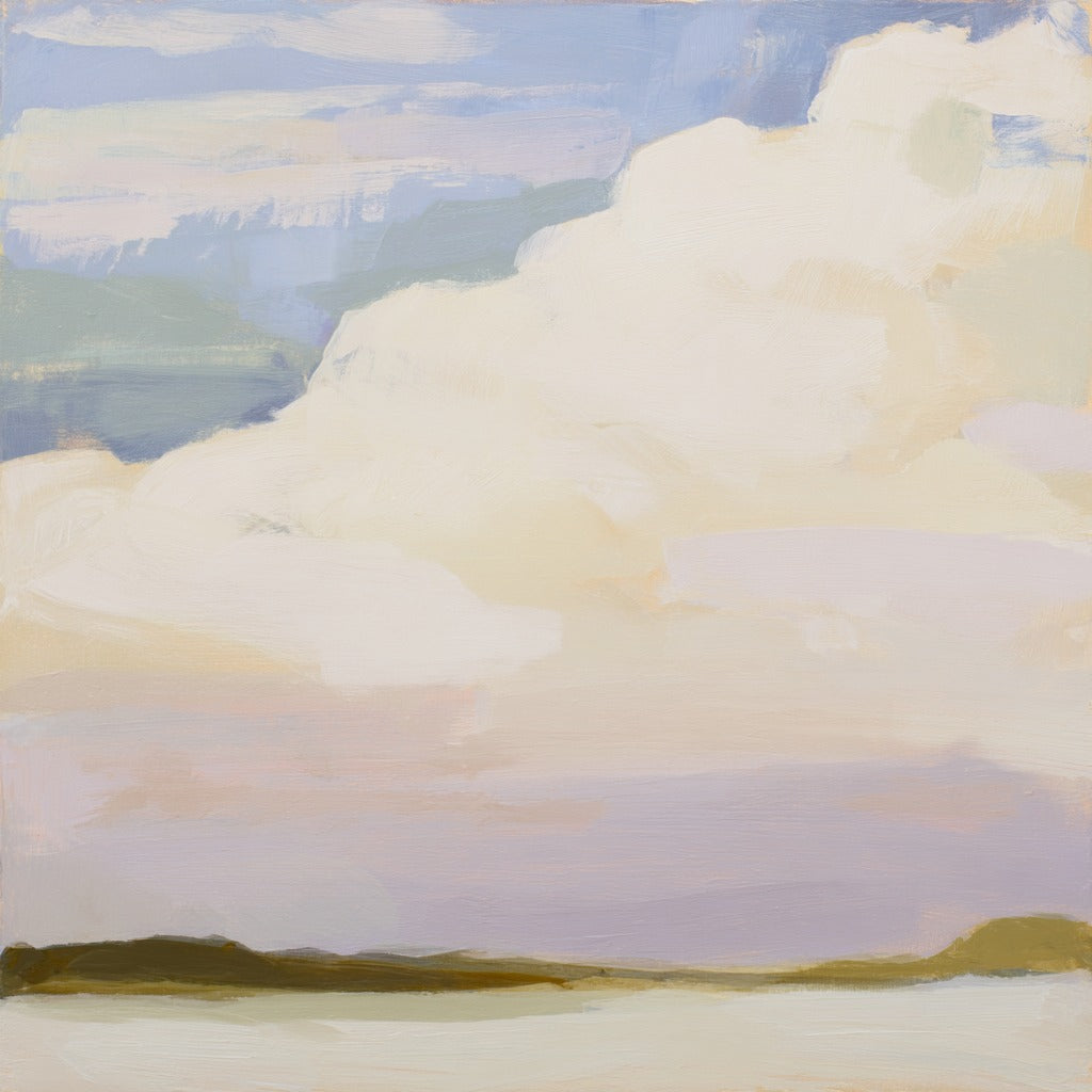 Large white cloud forms over pale blue and lavender sky with a thin olive horizon below