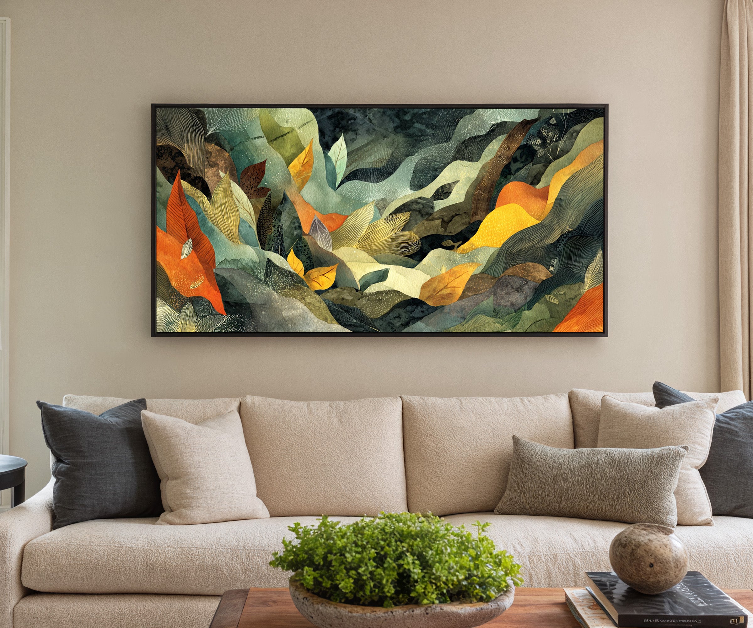 forest inspired abstract with layered leaf canvas wall art in a black frame in a styled room setting