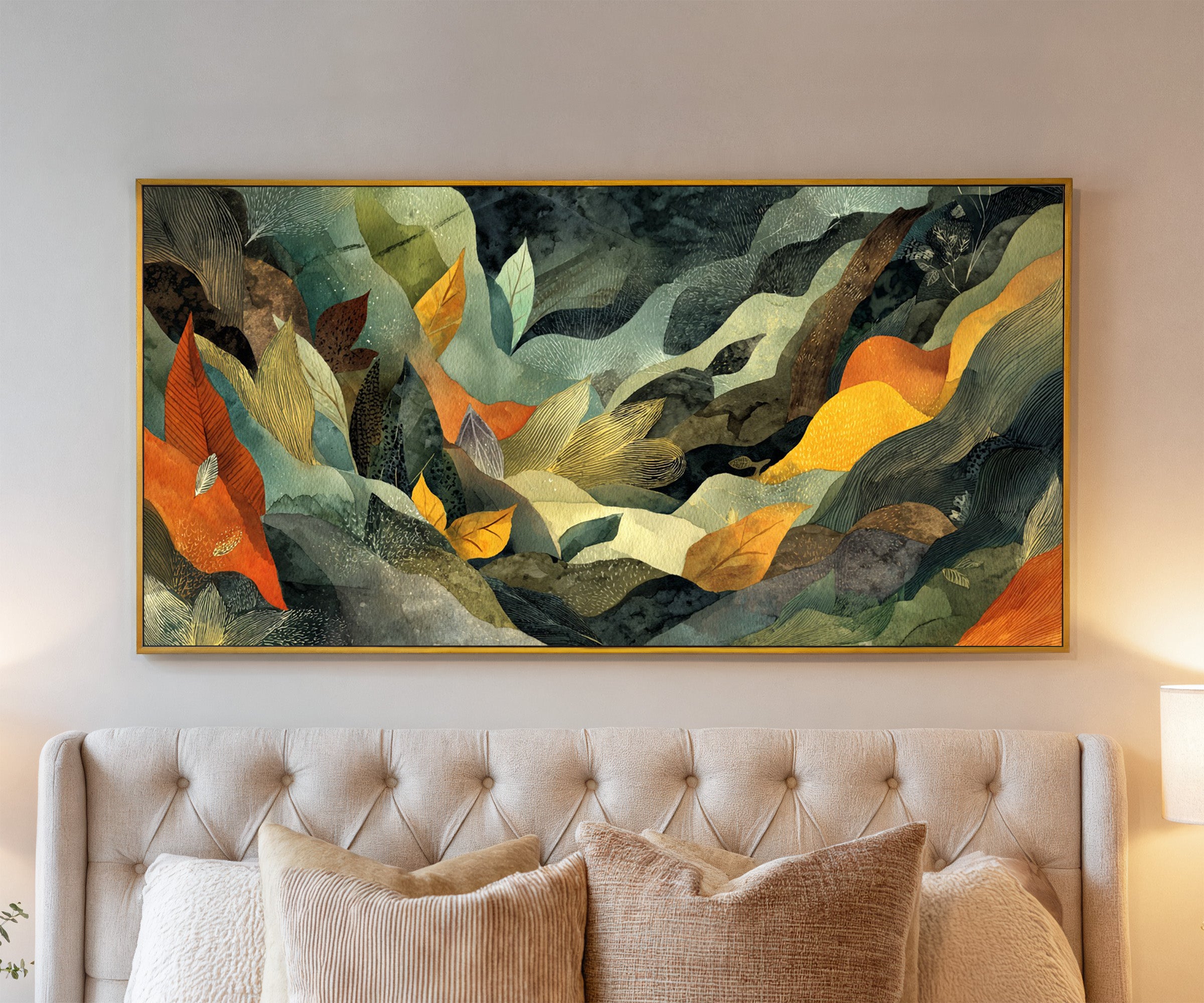 forest inspired abstract with layered leaf canvas wall art in a gold frame above a bed