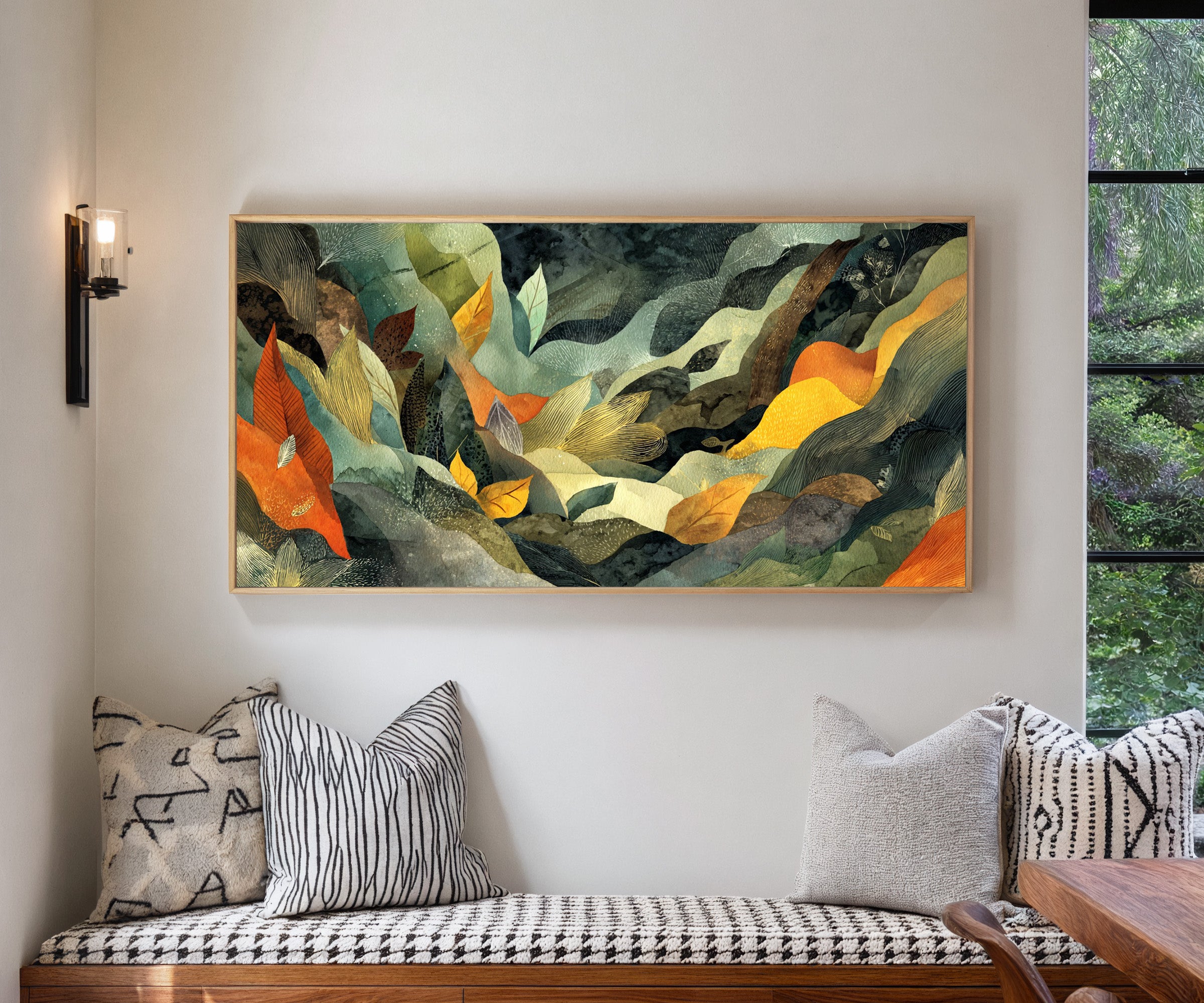 forest inspired abstract with layered leaf canvas wall art in a natural wood frame in a living room
