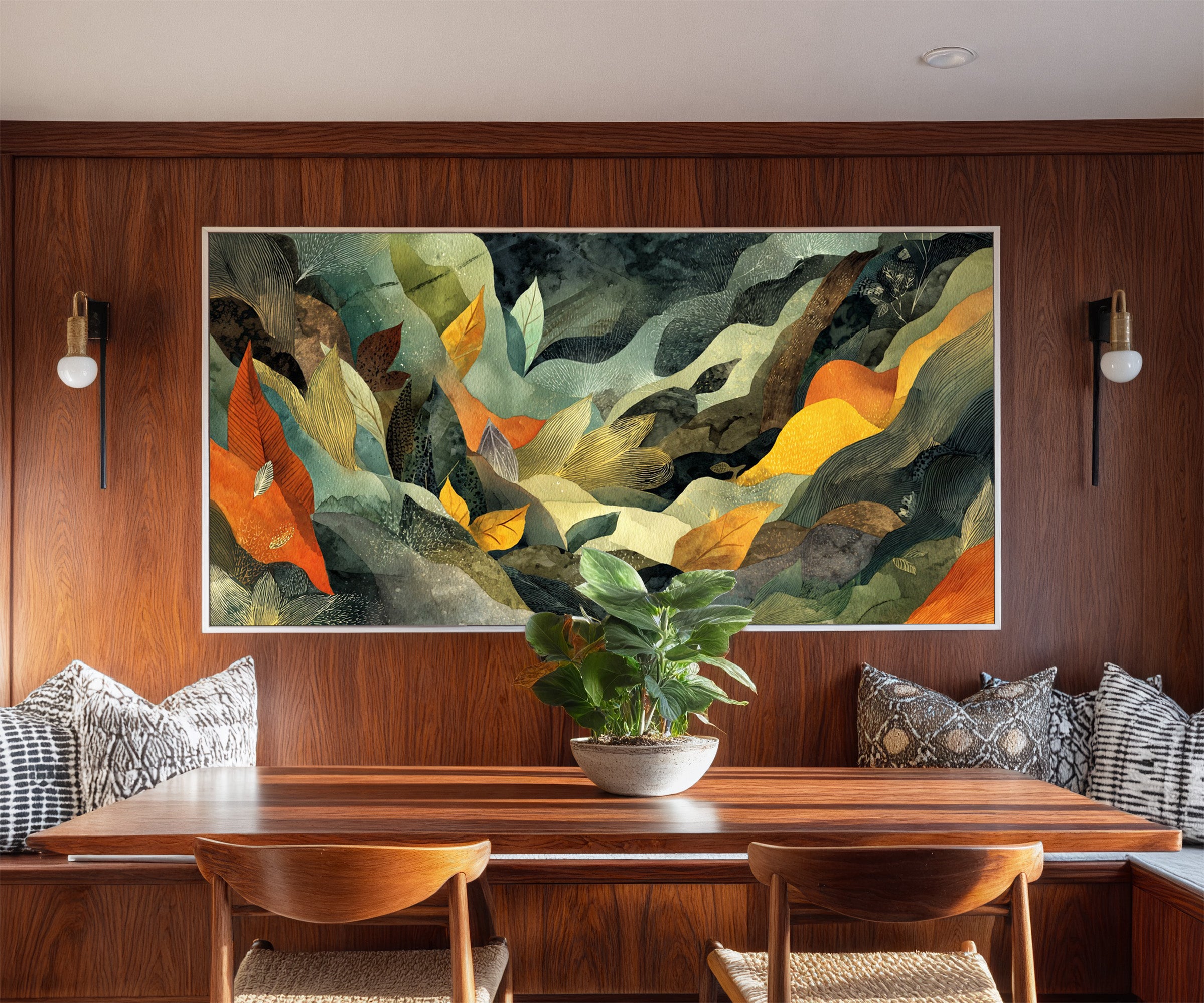 forest inspired abstract with layered leaf canvas wall art in a white frame in a styled room setting