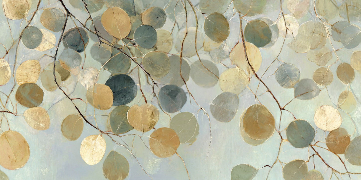 Round leaf forms in sage, cream, gold, and blue cross pale ground with thin branching stems