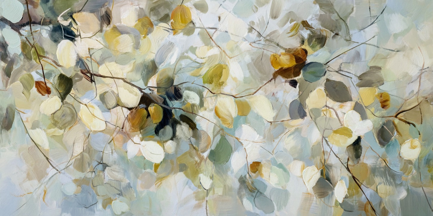 Clustered cream, blue, and gold leaves on thin brown branches across a pale ground