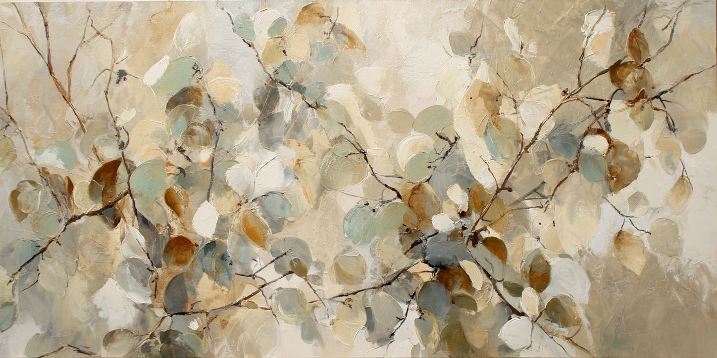 Eucalyptus leaves in cream, sage, blue gray, and brown on thin branching stems across a pale ground