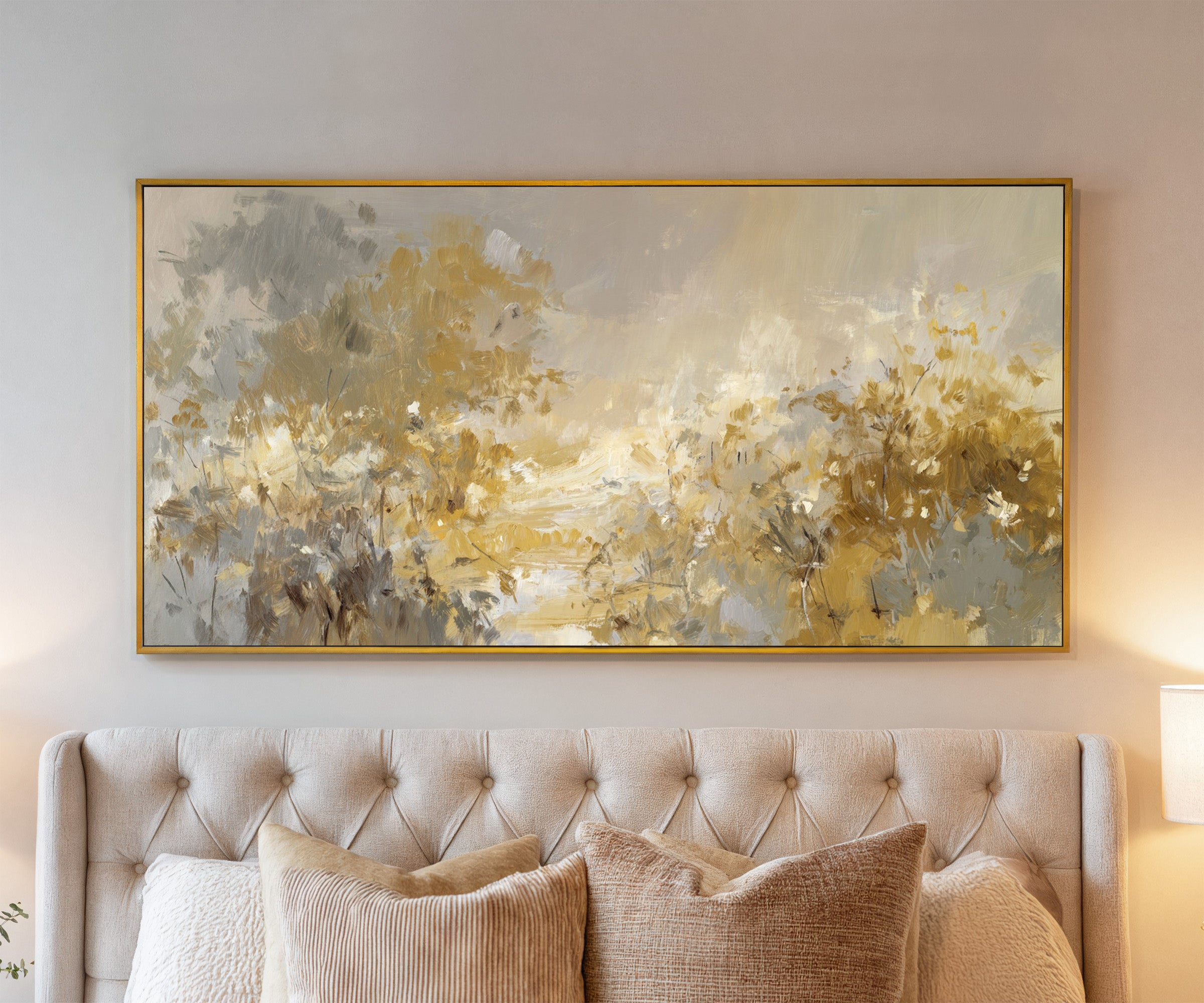 soft gold and gray floral layers canvas wall art in a gold frame above a bed