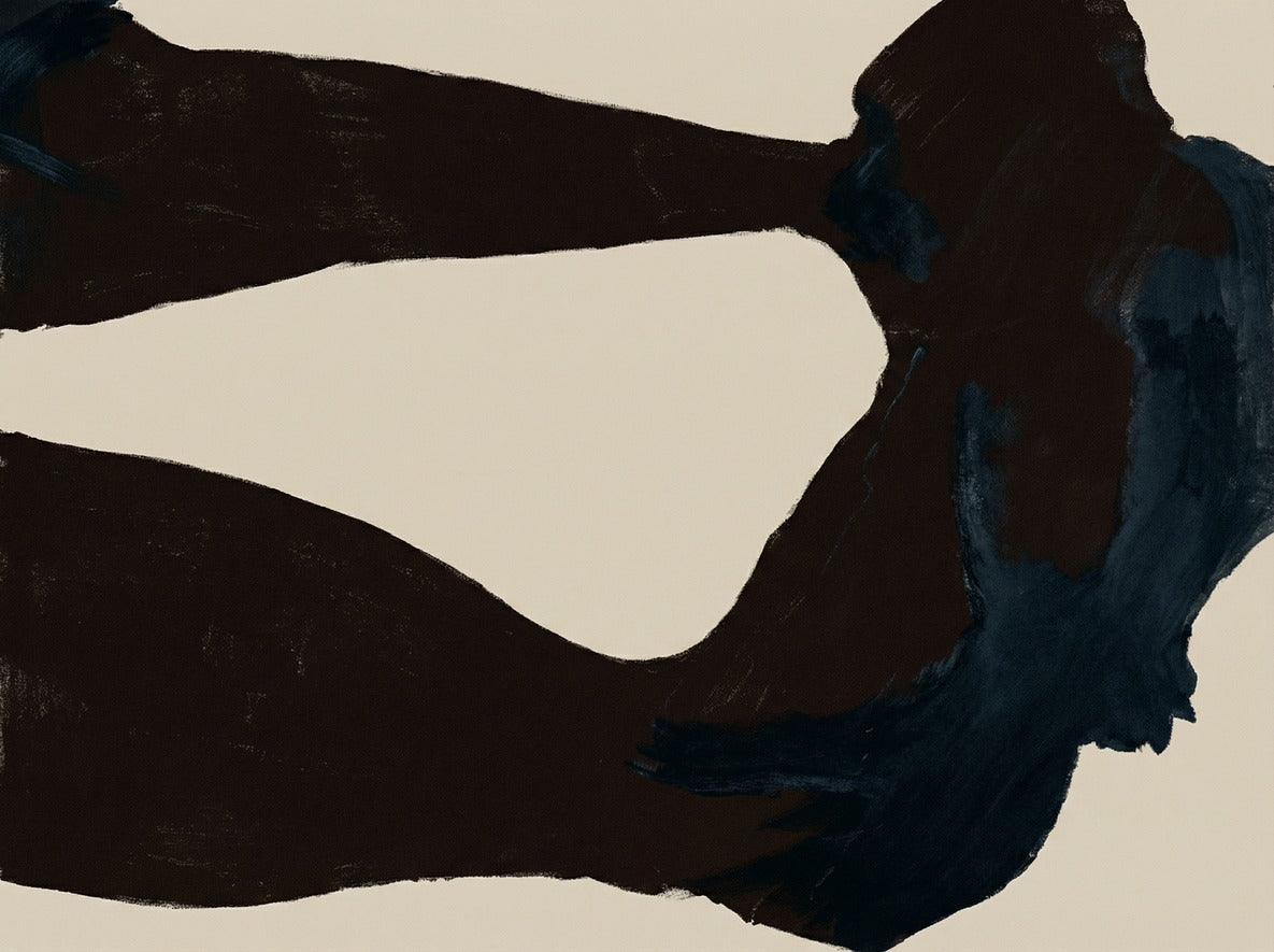 Broad charcoal-black arcs with deep blue edges framing a pale center on cream ground