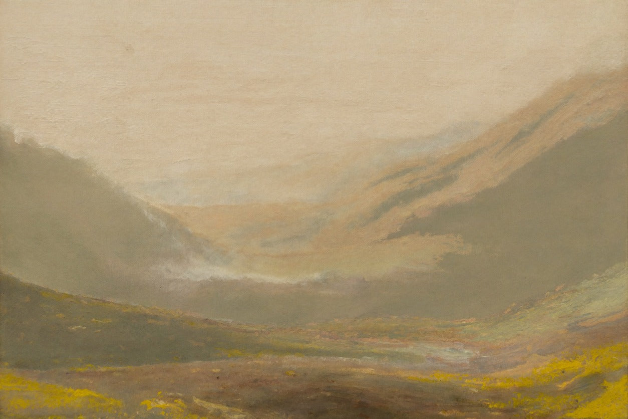 Misty valley with ochre hills, muted gold slopes, and a pale beige sky