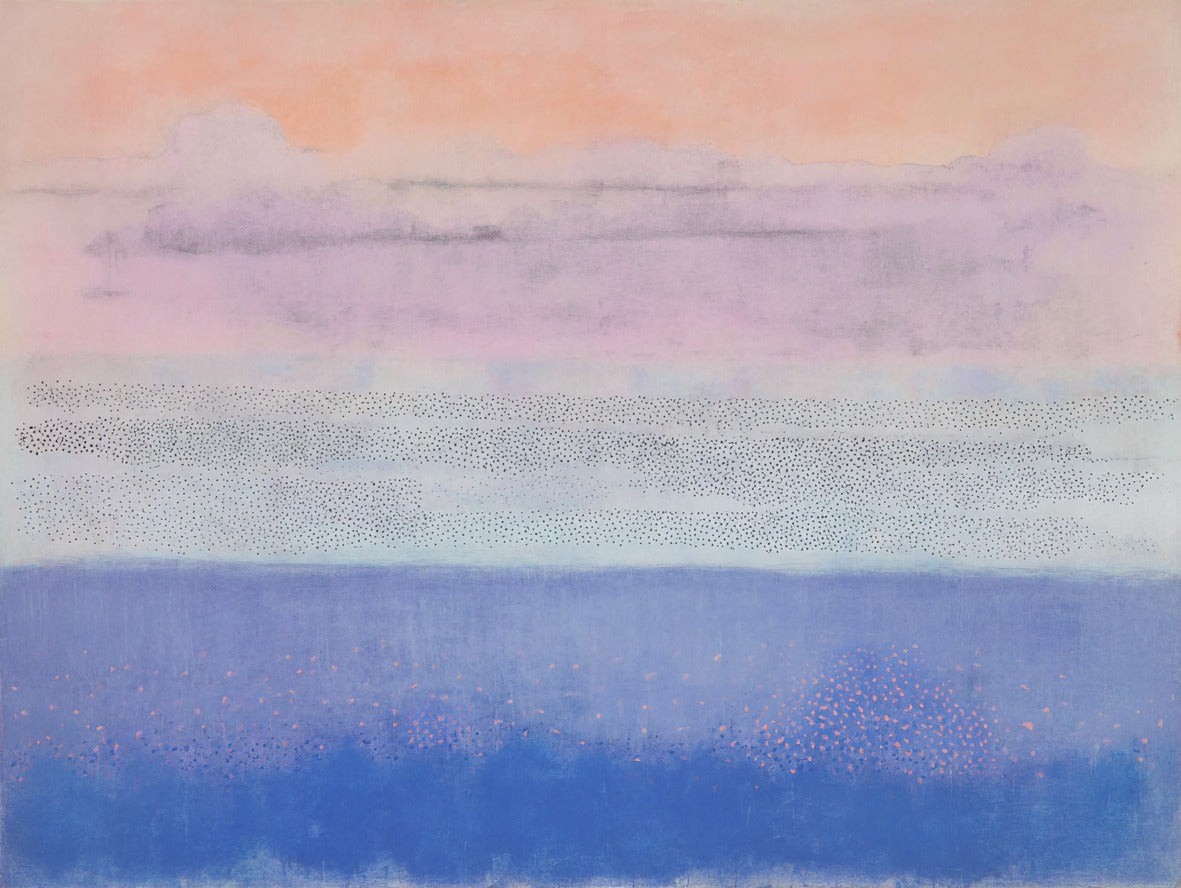 Soft peach and lavender bands above a blue base with dotted lines across the center
