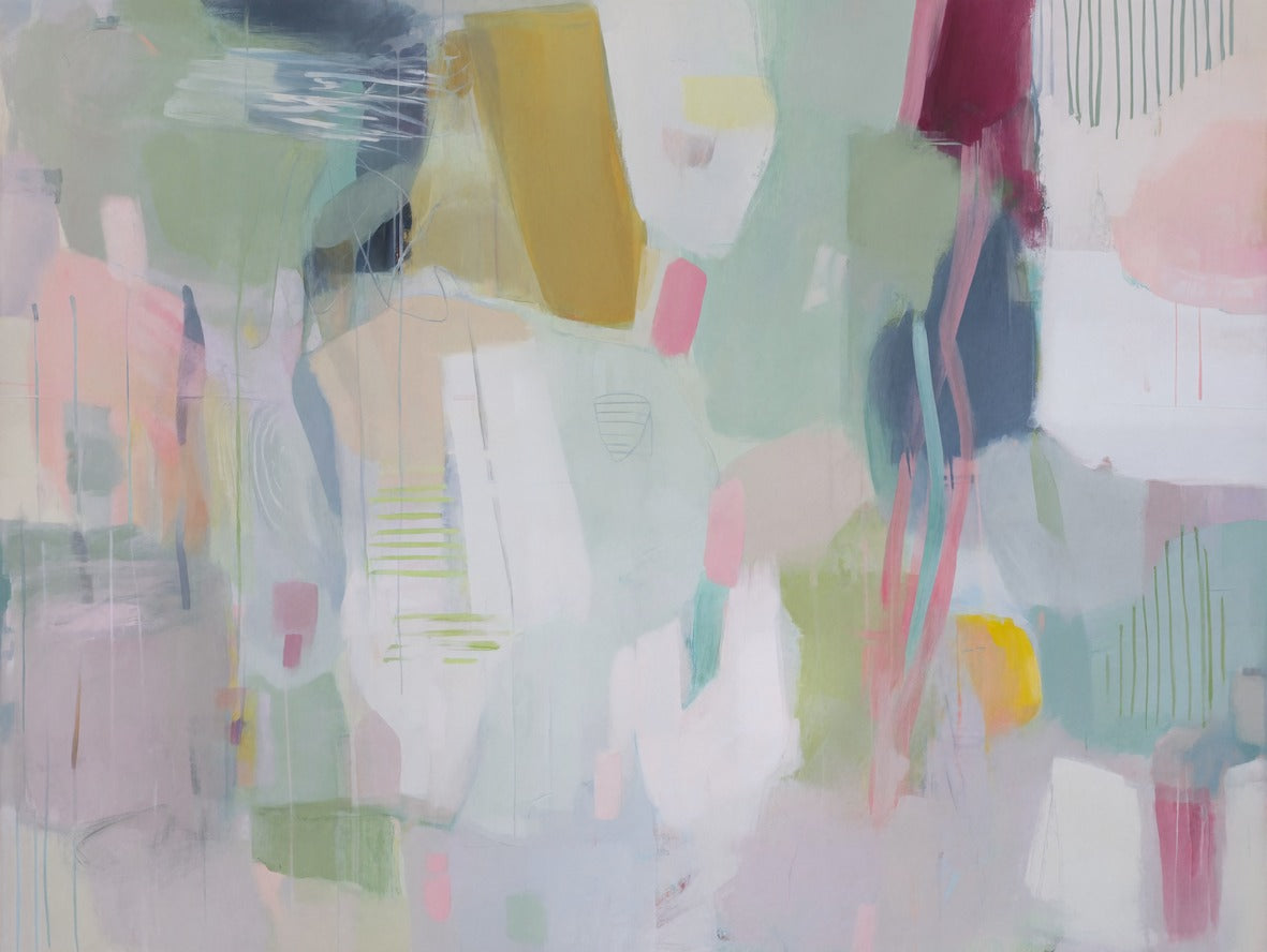 Pastel abstract with mint, blush, cream, gold, and navy blocks plus thin vertical lines